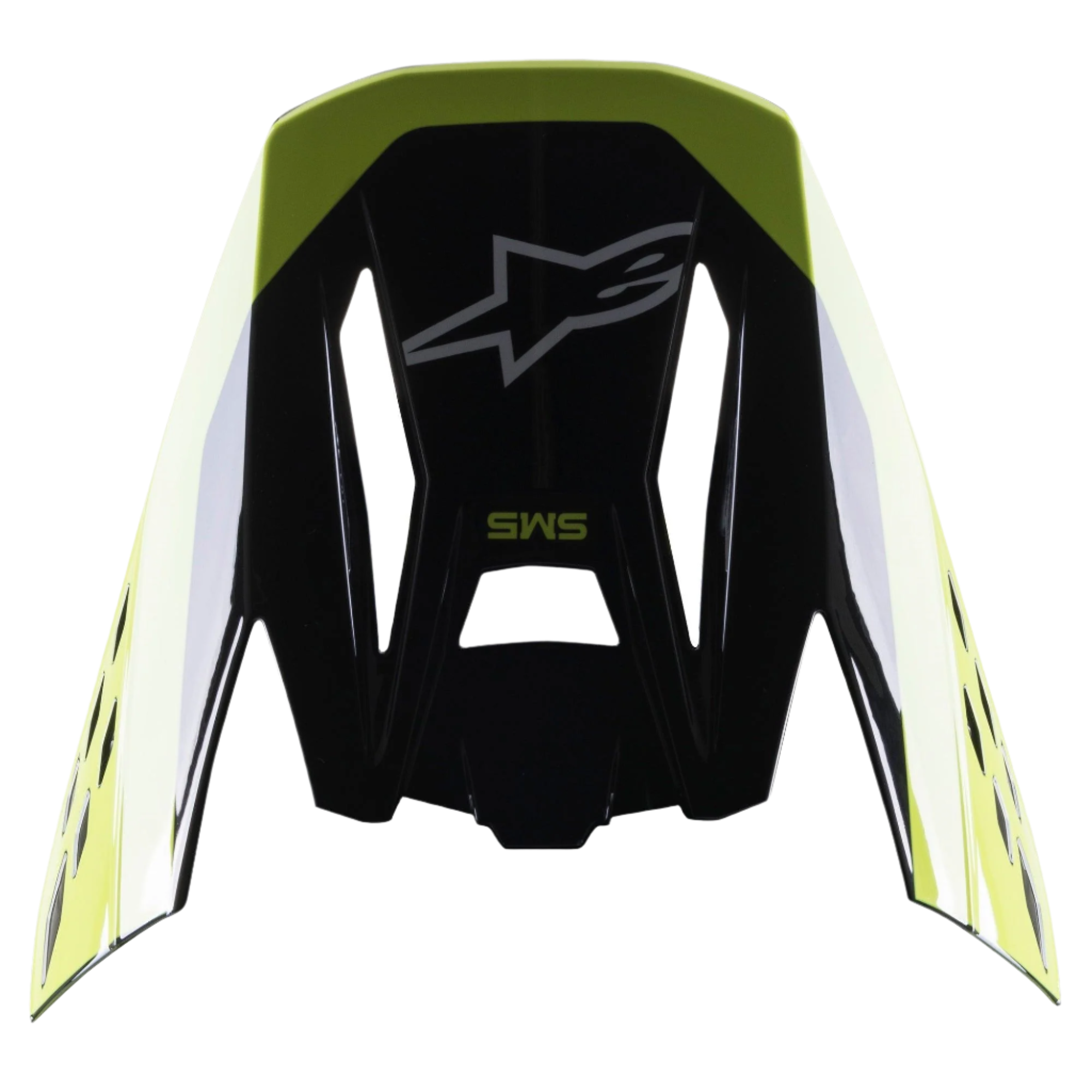 Alpinestars Visiera S-M5 Beam, accessorio per casco, nero e giallo fluo lucido, con logo a stella Alpinestars e marchio SM5, visiera di ricambio per caschi da motocross