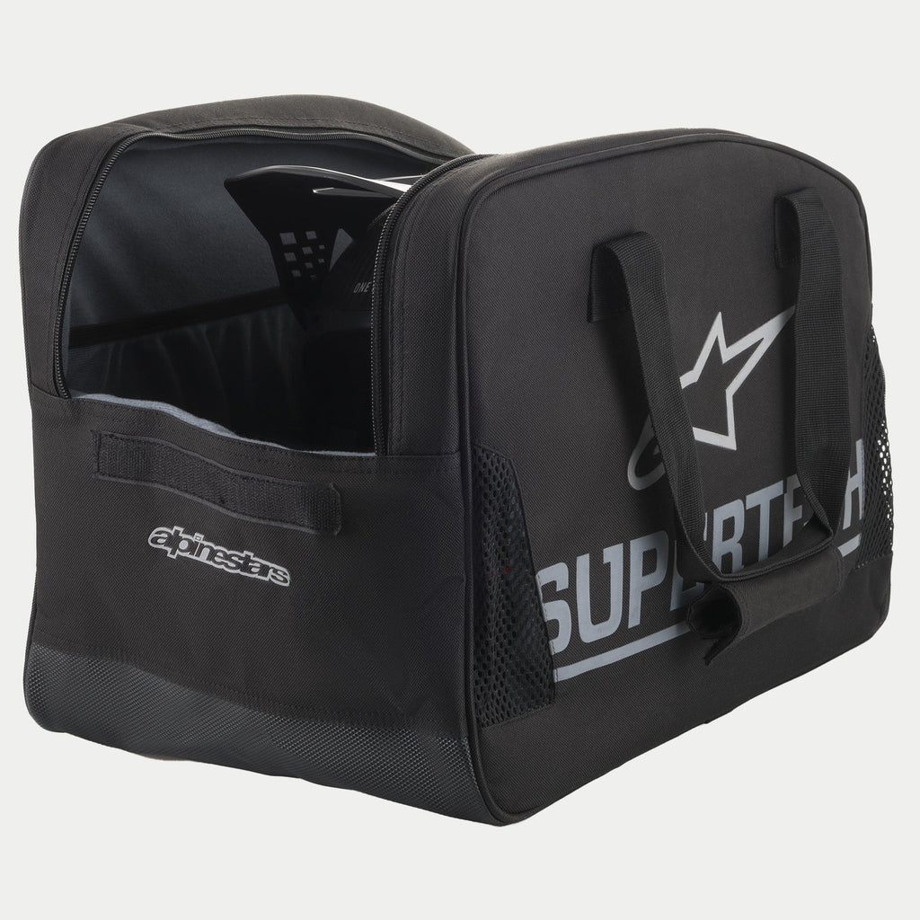 Alpinestars Borsa S M 10 Semi Rigid, borsa semi-rigida per casco da motocross, nera con dettagli color argento e logo Alpinestars, maniglie di trasporto resistenti