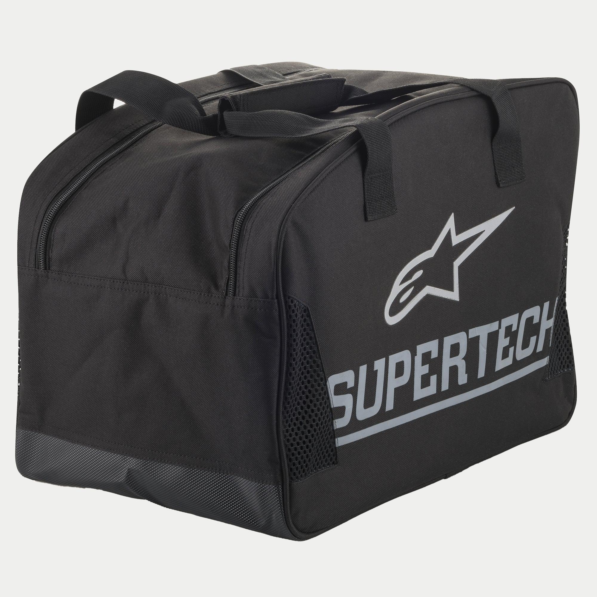 Alpinestars Supertech Semi Rigid Borsa, borsa semi-rigida porta casco, nero e argento, con struttura resistente, maniglie di trasporto robuste e grande logo Supertech