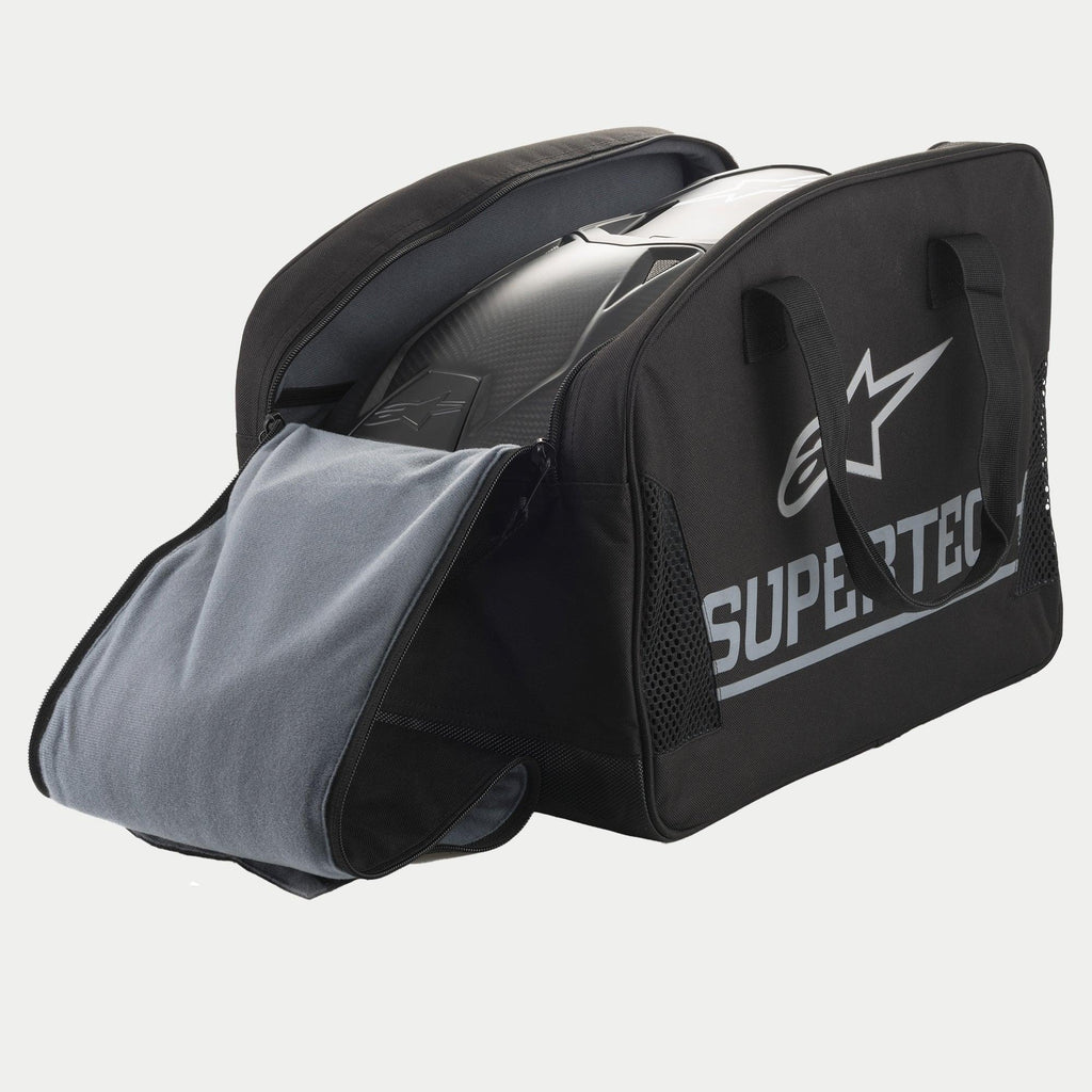 Alpinestars Supertech Semi Rigid Helmet Bag, borsa semirigida per casco moto, nero e argento, con logo grande e morbida fodera interna