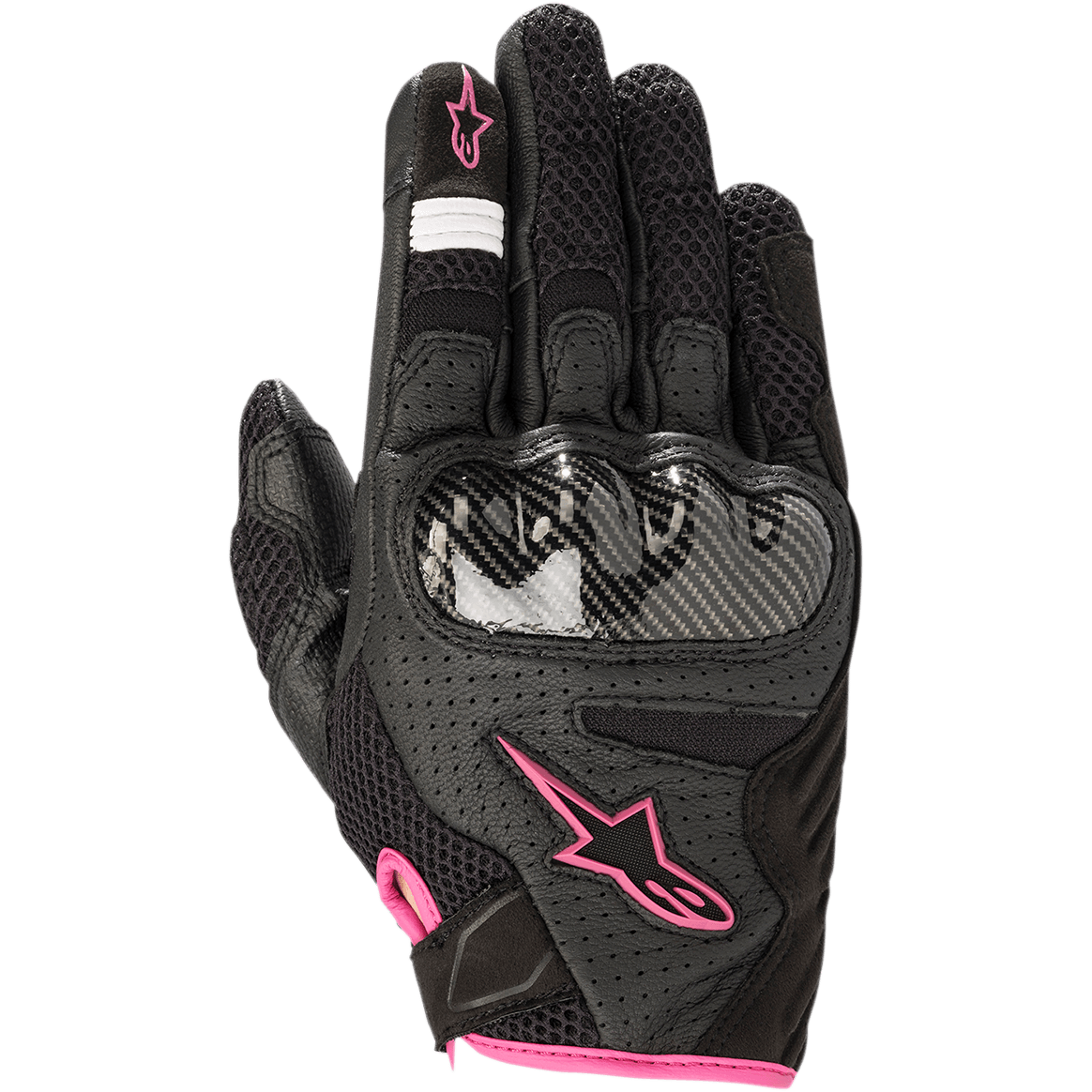 Alpinestars guanti Stella SMX-1 Air V2 da donna, guanti da moto neri con accenti rosa fucsia, protezione nocche con trama in fibra di carbonio, struttura in pelle traforata e air-mesh per la ventilazione, design a polsino corto