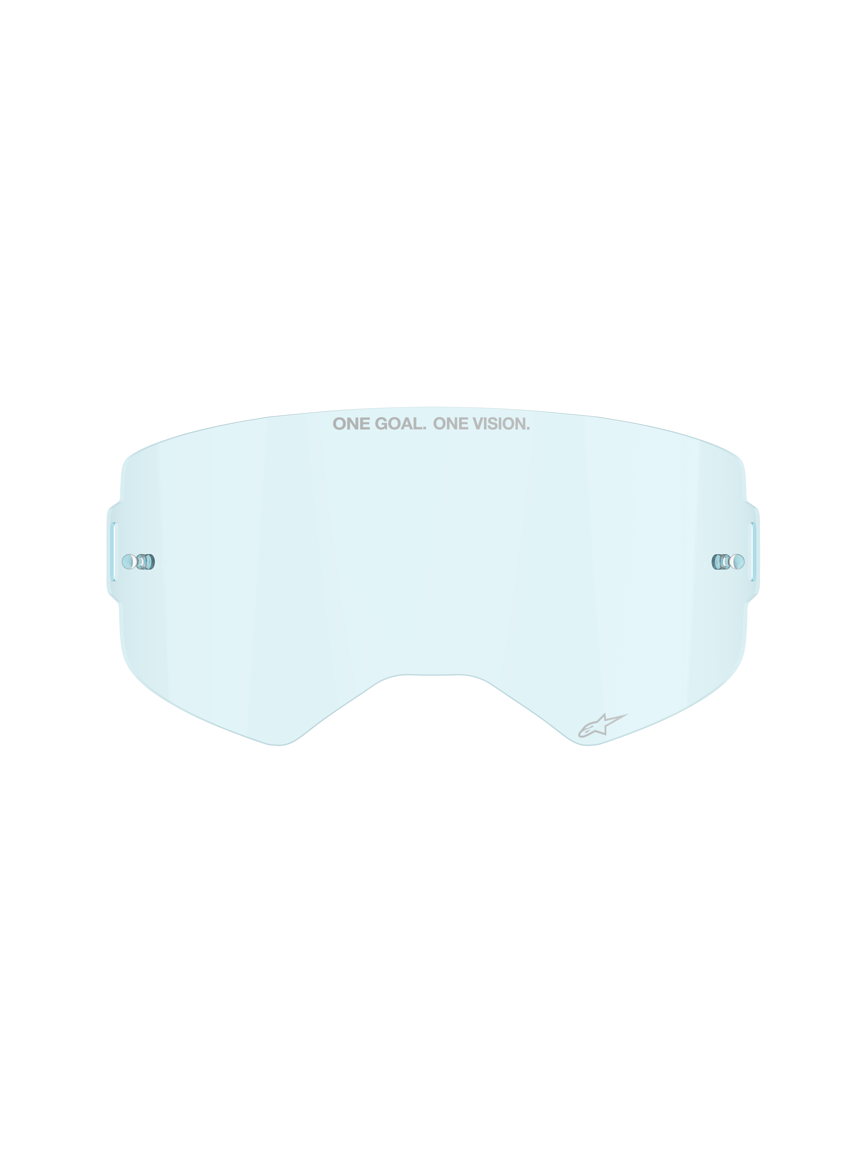 Alpinestars Supertech Clear Lens in Clear Blue, lente di ricambio per occhiali da motocross, con marchio ONE GOAL ONE VISION e supporti tear-off integrati, design curvo in policarbonato resistente agli urti