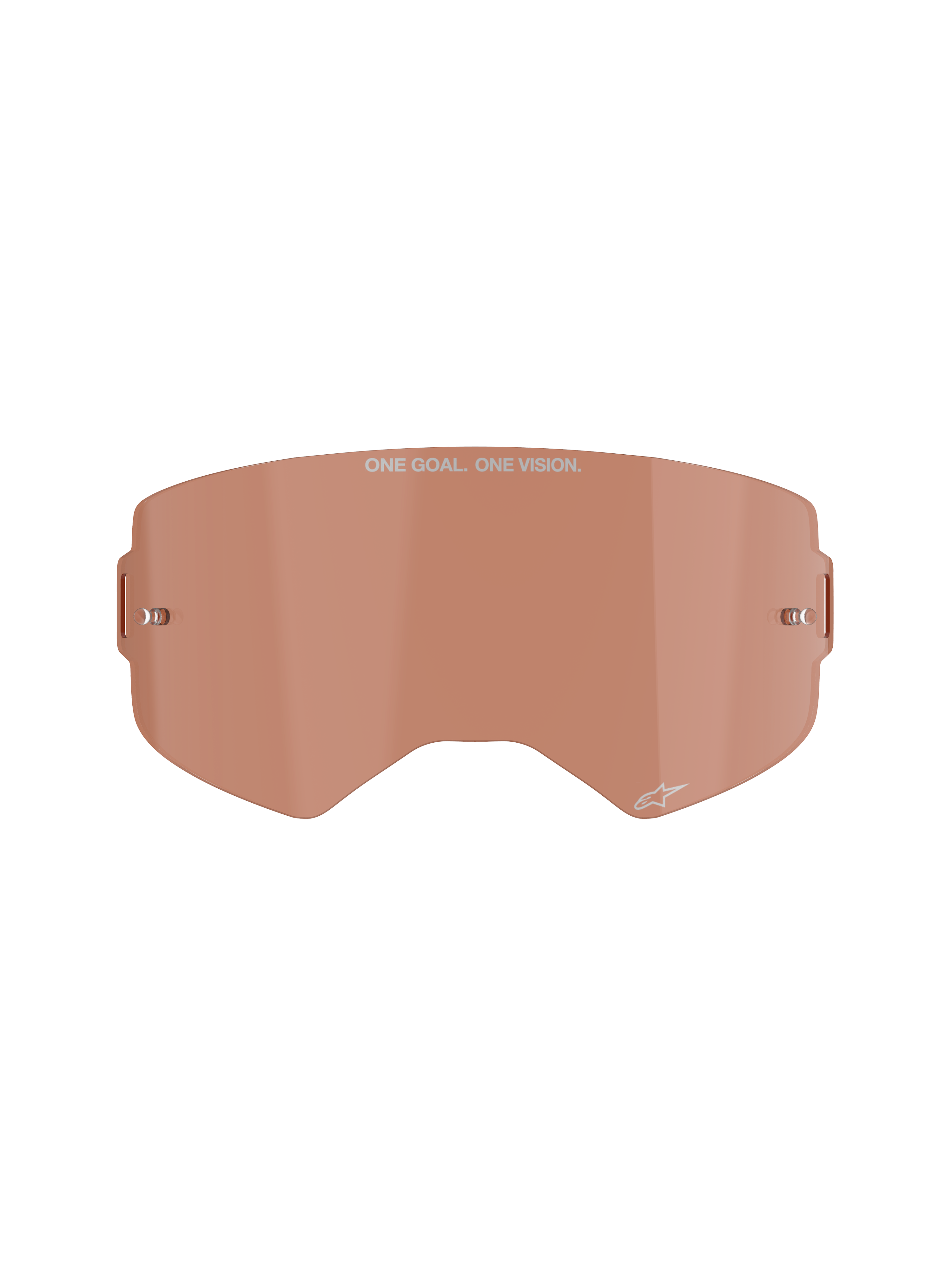 Lente Alpinestars Supertech, tonalità Copper Rose, visiera in policarbonato stampato a iniezione con attacchi in metallo integrati, scritta "ONE GOAL. ONE VISION.", accessorio per motocross e off-road