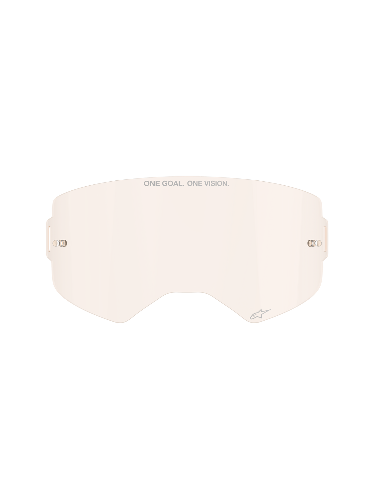 Lente per maschera Alpinestars Supertech, tonalità rame/rosa chiaro, lente di ricambio in policarbonato stampato a iniezione, con scritta 'ONE GOAL. ONE VISION.' e piccolo logo a stella, supporti per tear-off integrati, accessorio per occhiali da motocross e fuoristrada