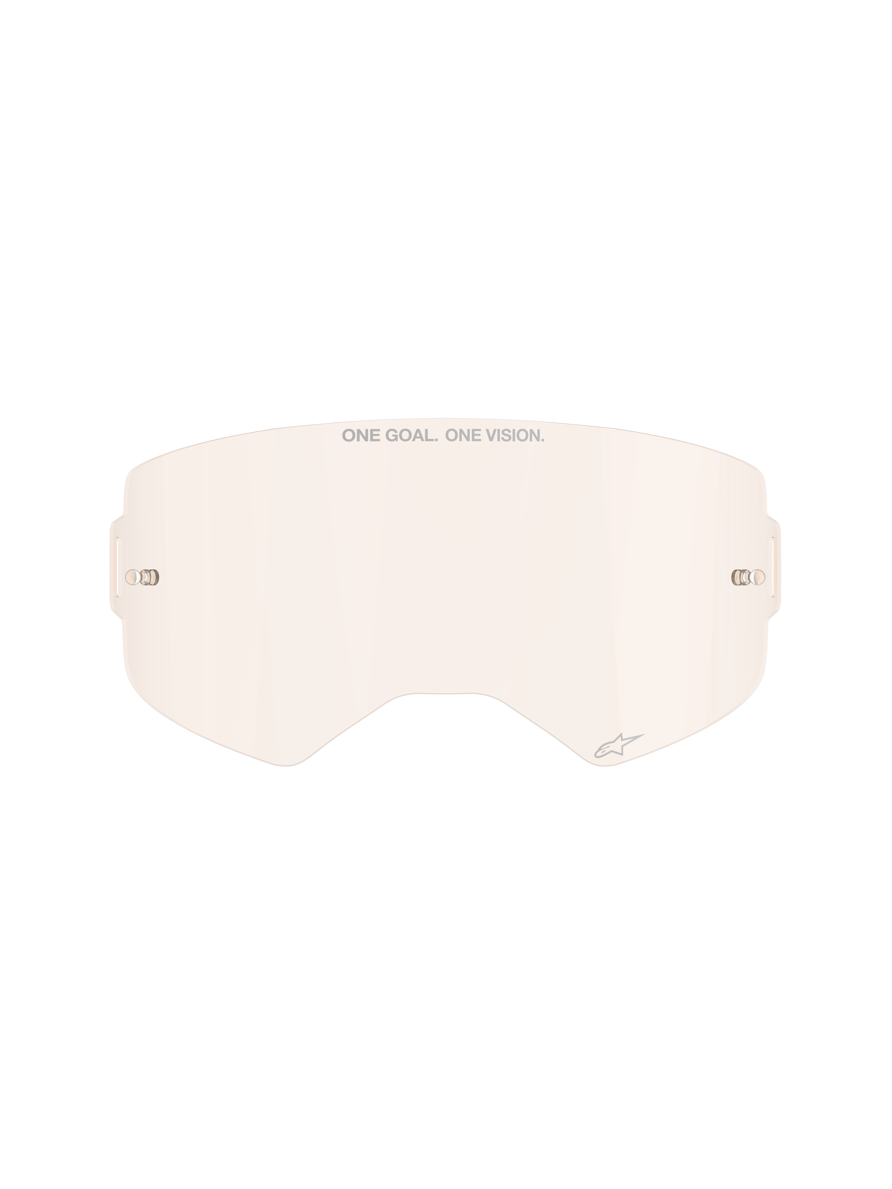 Lente per maschera Alpinestars Supertech, tonalità rame/rosa chiaro, lente di ricambio in policarbonato stampato a iniezione, con scritta 'ONE GOAL. ONE VISION.' e piccolo logo a stella, supporti per tear-off integrati, accessorio per occhiali da motocross e fuoristrada