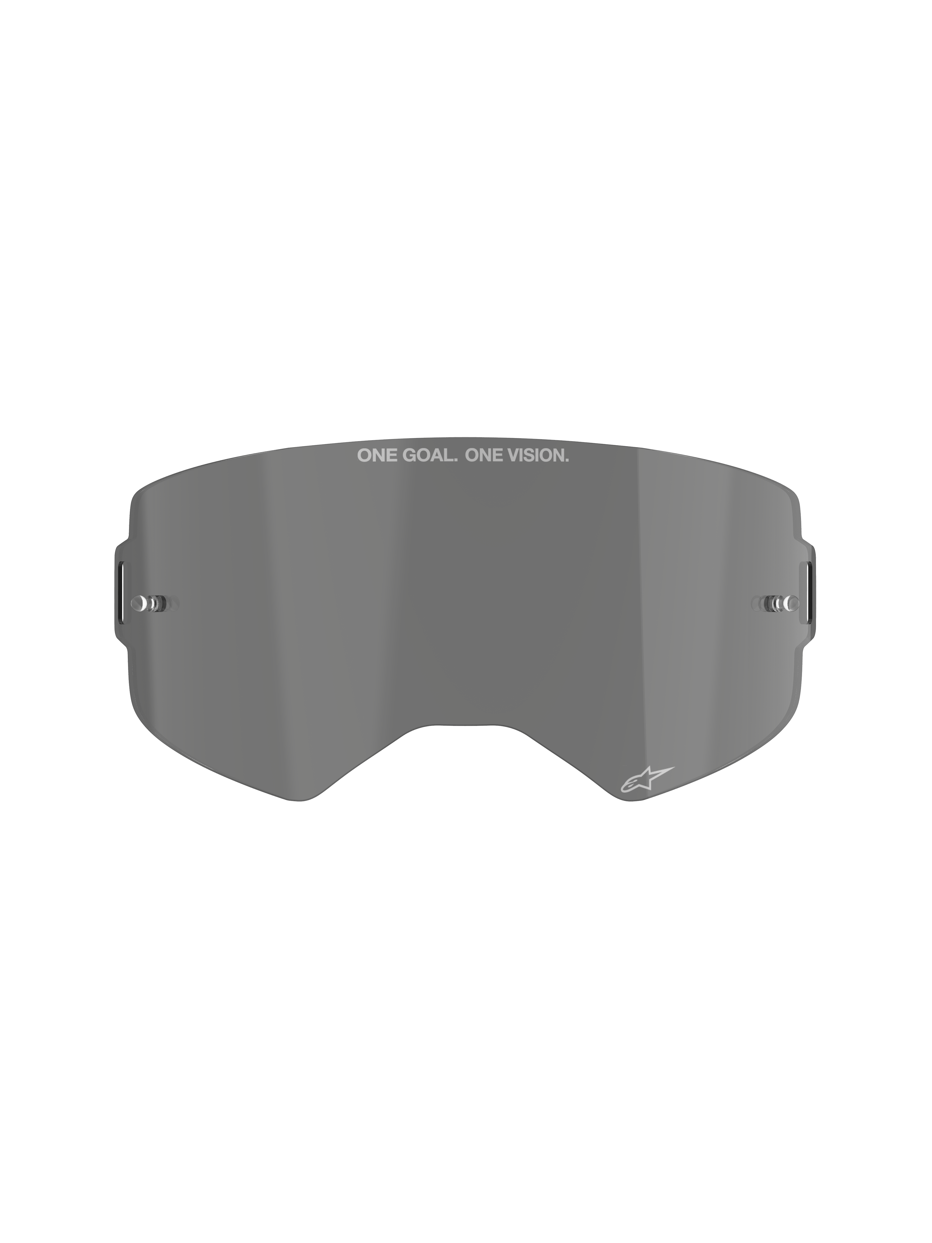 Alpinestars Supertech Smoke Lens, lente di ricambio fumo scuro per occhiali da motocross, lente curva in policarbonato stampato a iniezione con attacchi per tear-off, con scritta 'ONE GOAL. ONE VISION.' e logo a stella Alpinestars