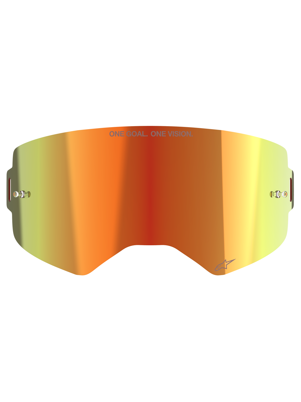 Alpinestars Supertech Mirror Lens, lente di ricambio per maschera da motocross, Mirror Red con gradiente arancione e giallo, con scritta "ONE GOAL. ONE VISION.", perni tear-off integrati e finitura riflettente per corse fuoristrada
