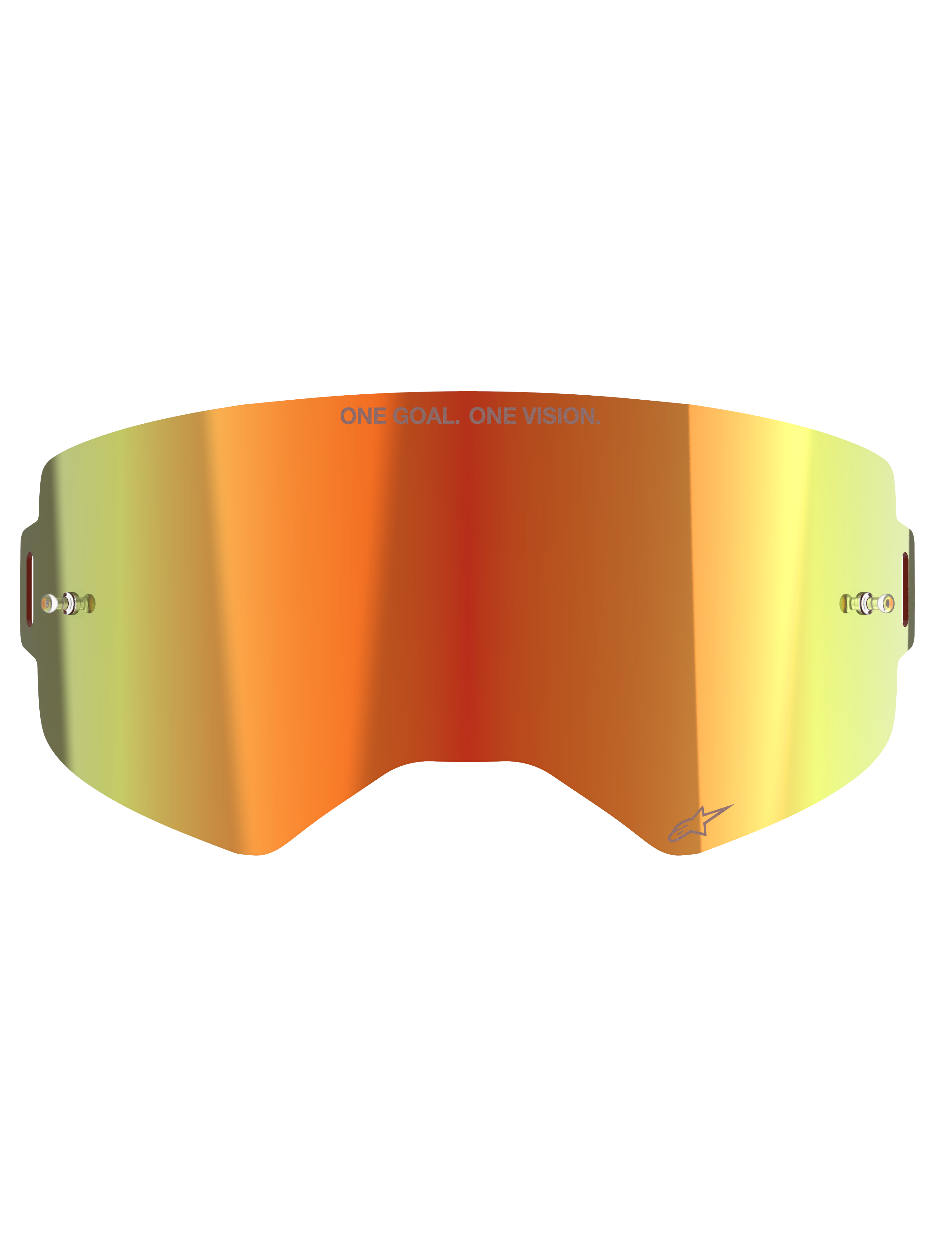 Alpinestars Supertech Mirror Lens, lente di ricambio per maschera da motocross, Mirror Red con gradiente arancione e giallo, con scritta "ONE GOAL. ONE VISION.", perni tear-off integrati e finitura riflettente per corse fuoristrada