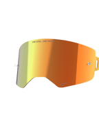 Lente a specchio Alpinestars Supertech, accessorio di ricambio per maschera, Mirror Red con sfumatura arancione e gialla, con scritta 'ONE GOAL. ONE VISION.' e logo Alpinestars, finitura riflettente con perni per tear-off per gare di motocross