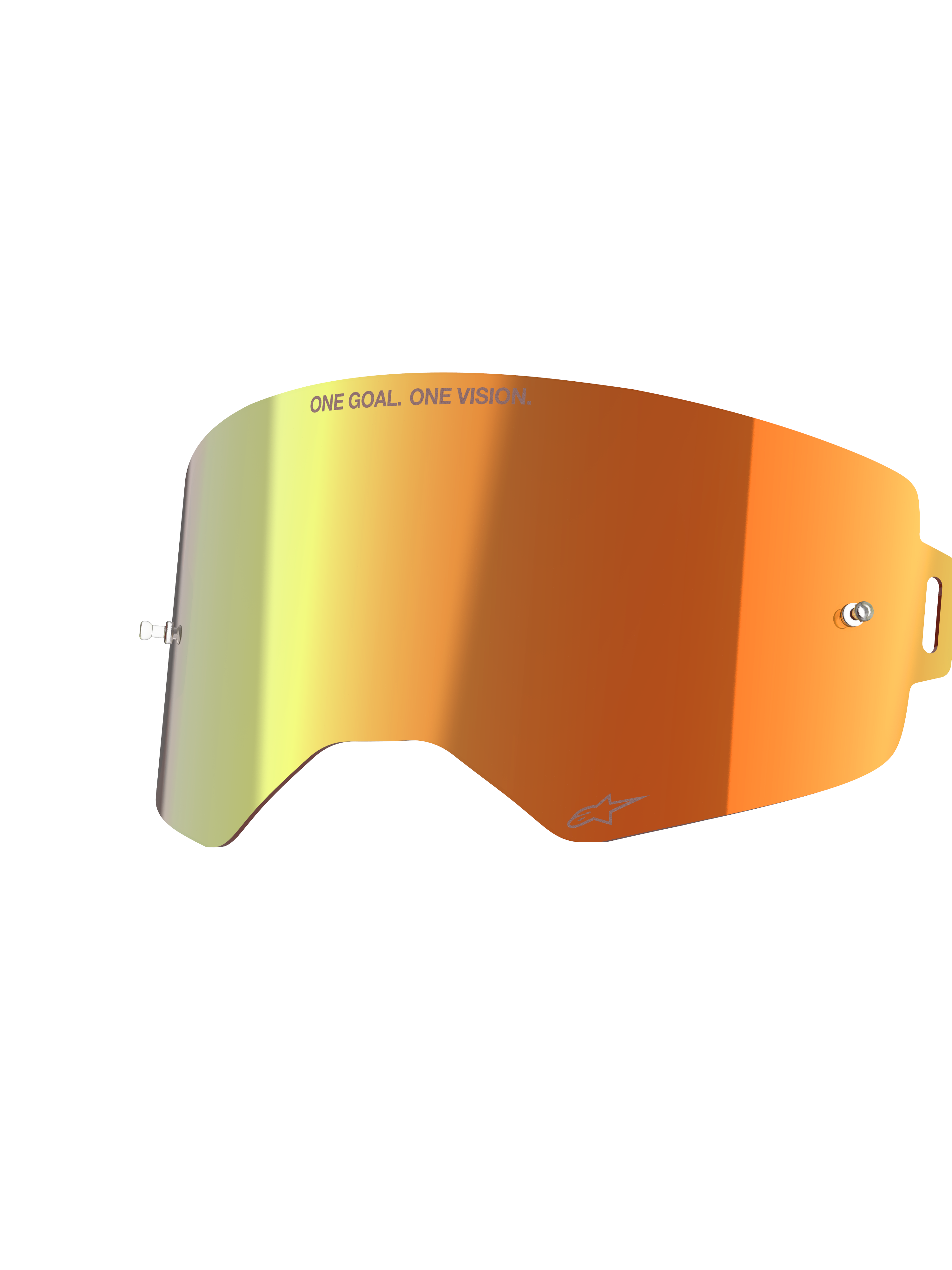 Lente a specchio Alpinestars Supertech, accessorio di ricambio per maschera, Mirror Red con sfumatura arancione e gialla, con scritta 'ONE GOAL. ONE VISION.' e logo Alpinestars, finitura riflettente con perni per tear-off per gare di motocross