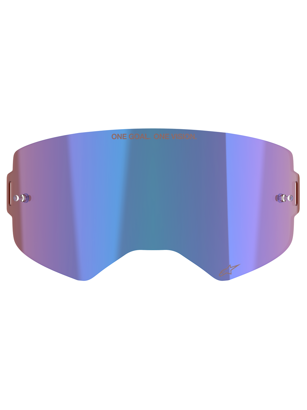 Alpinestars Supertech Mirror Lens, accessorio per maschera da motocross, blu specchiato con sfumature viola, tecnologia Absolute Vision™, perni tear-off integrati e slogan 'ONE GOAL. ONE VISION.' sulla parte superiore