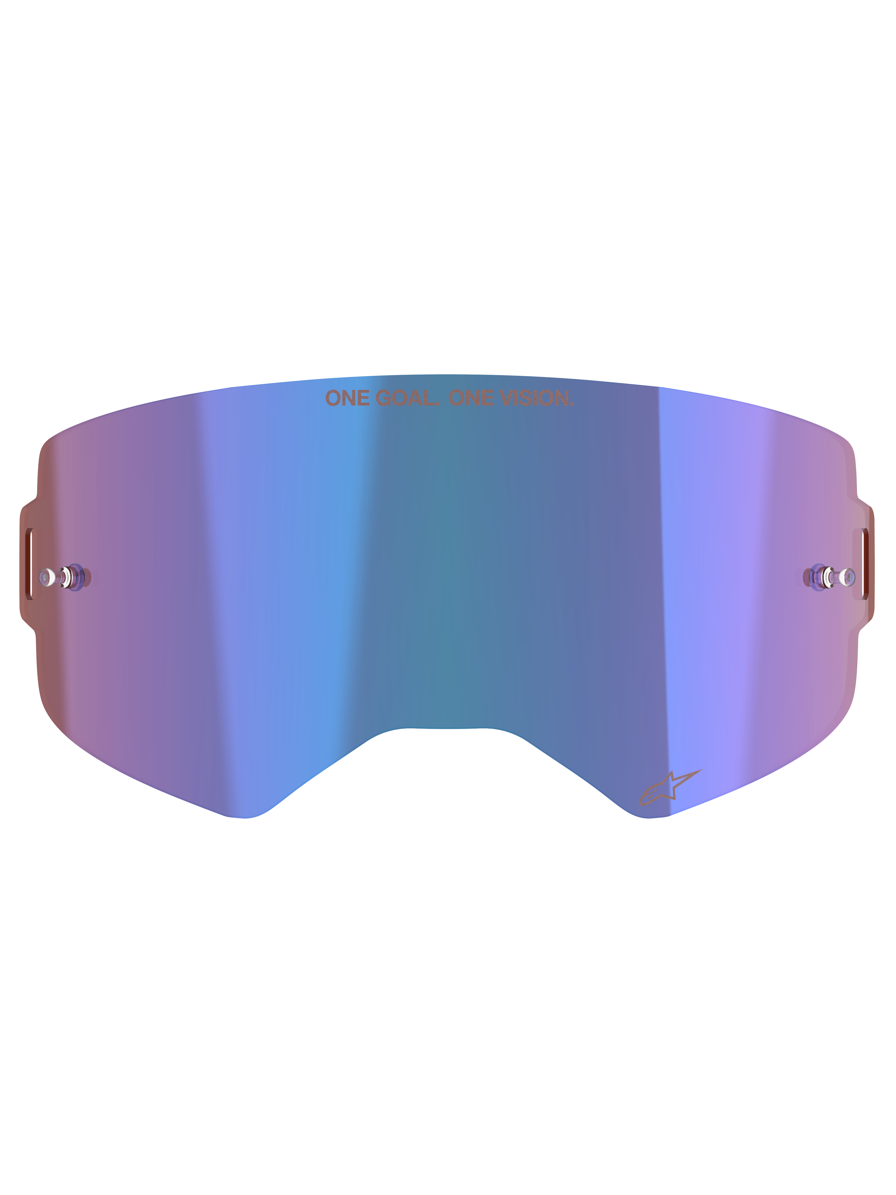 Alpinestars Supertech Mirror Lens, accessorio per maschera da motocross, blu specchiato con sfumature viola, tecnologia Absolute Vision™, perni tear-off integrati e slogan 'ONE GOAL. ONE VISION.' sulla parte superiore