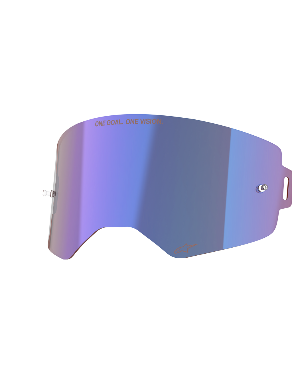 Lente a specchio Alpinestars Supertech, lente di ricambio per occhiali da motocross, blu a specchio con finitura cangiante viola, con perni integrati per tear-off, testo "ONE GOAL. ONE VISION." in alto e logo Alpinestars in basso, policarbonato ad alta trasparenza per corse fuoristrada