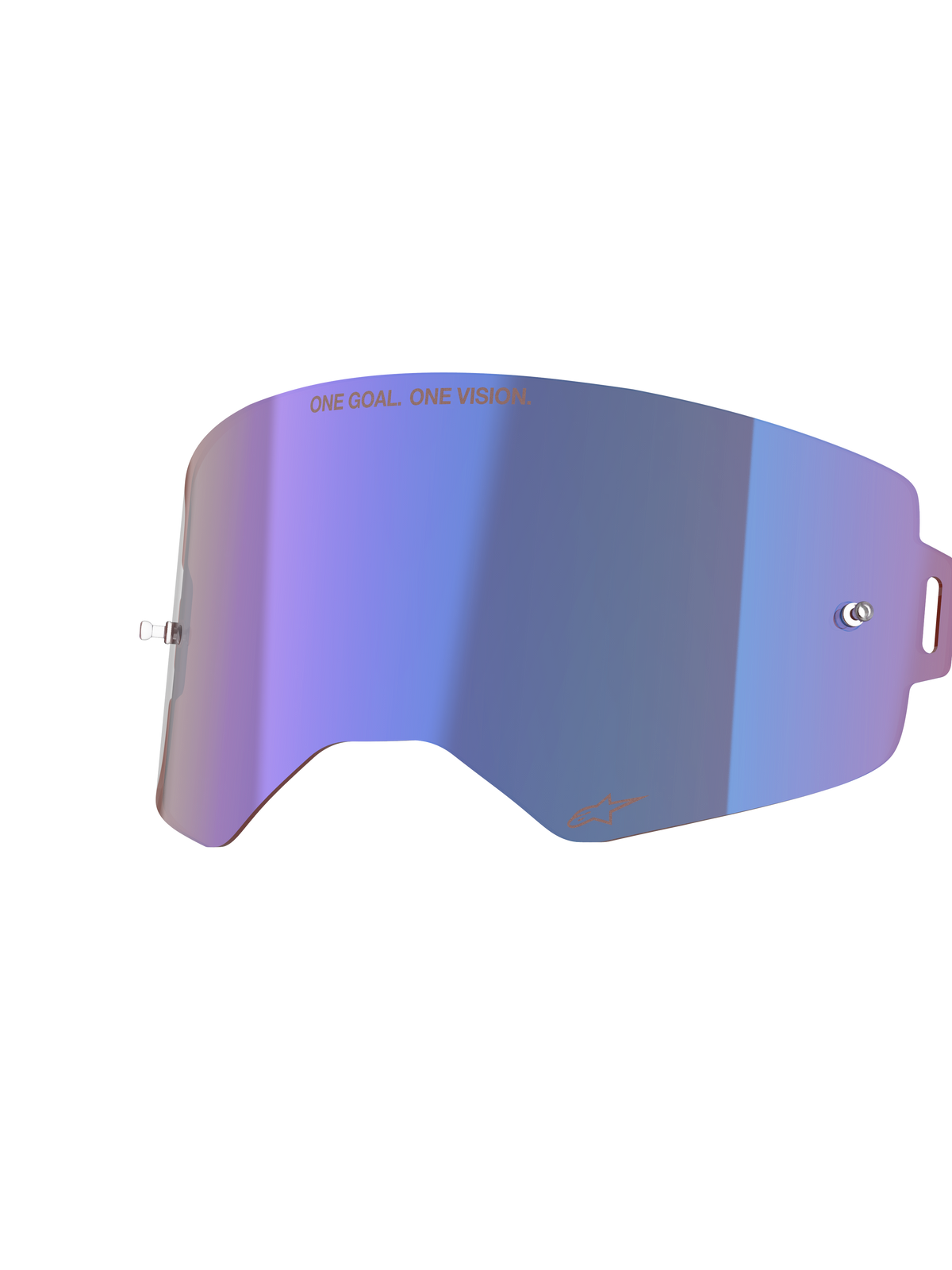 Lente a specchio Alpinestars Supertech, lente di ricambio per occhiali da motocross, blu a specchio con finitura cangiante viola, con perni integrati per tear-off, testo "ONE GOAL. ONE VISION." in alto e logo Alpinestars in basso, policarbonato ad alta trasparenza per corse fuoristrada