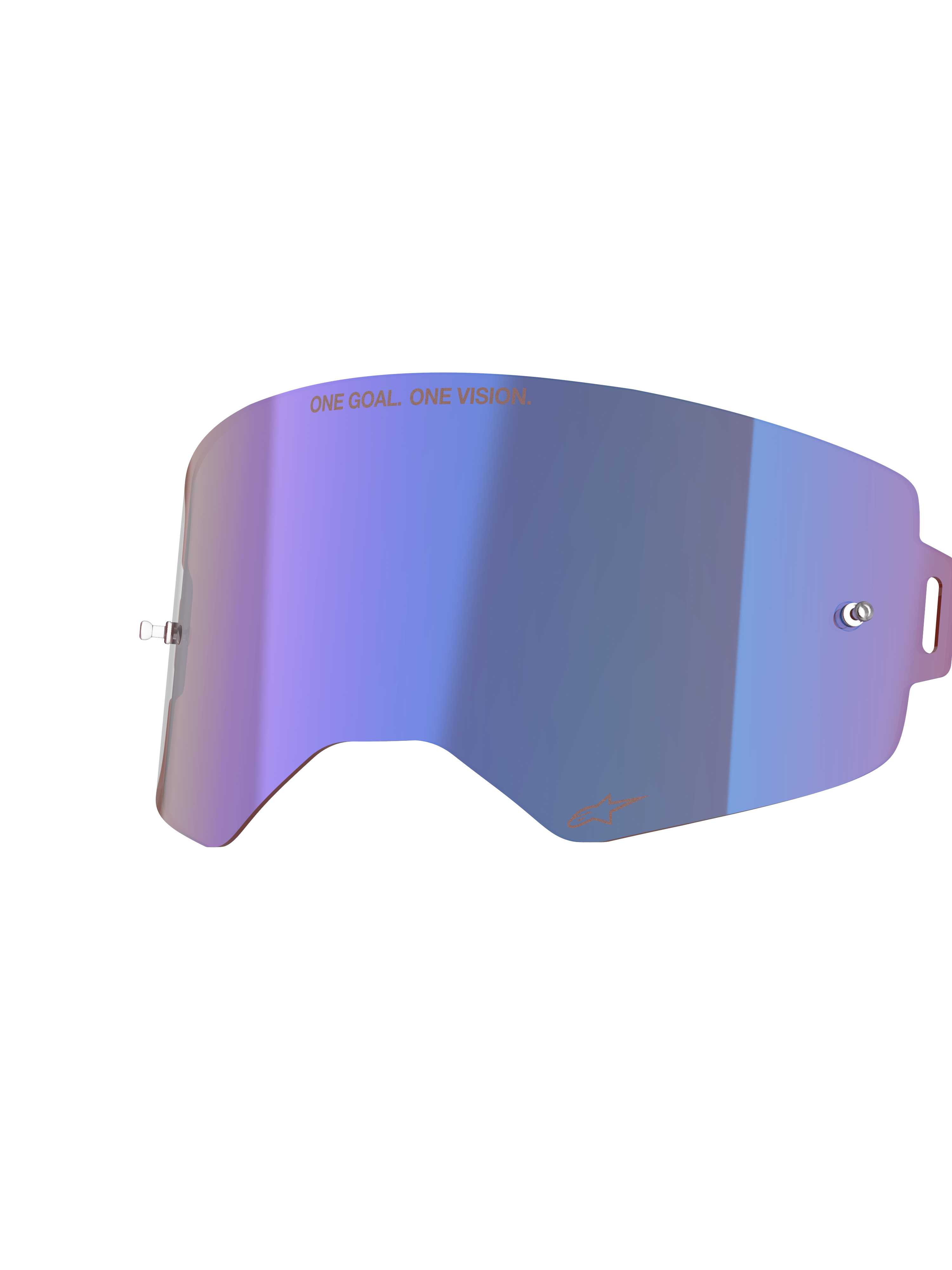 Lente a specchio Alpinestars Supertech, lente di ricambio per occhiali da motocross, blu a specchio con finitura cangiante viola, con perni integrati per tear-off, testo "ONE GOAL. ONE VISION." in alto e logo Alpinestars in basso, policarbonato ad alta trasparenza per corse fuoristrada
