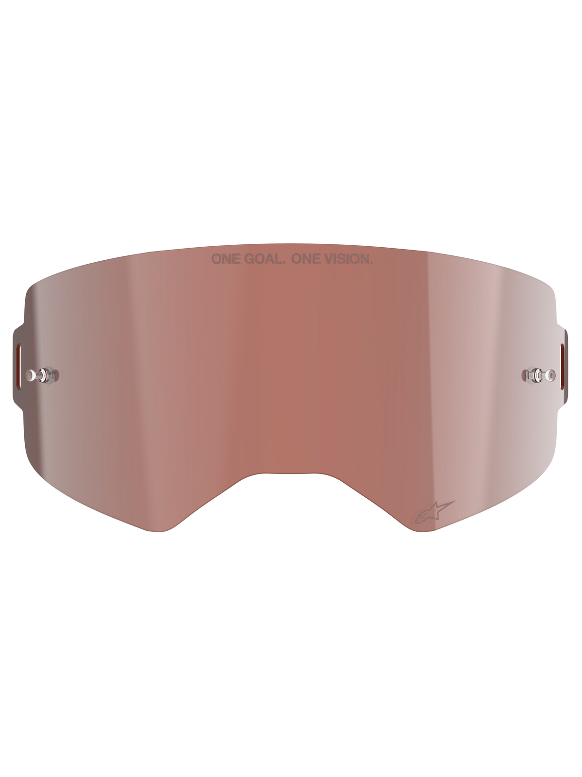 Alpinestars Supertech Mirror Lens, lente di ricambio per maschera da motocross, argento a specchio con tinta Absolute Vision™ rosso-marrone, superficie riflettente con supporti per tear-off integrati, incisione 'ONE GOAL. ONE VISION.' e logo Alpinestars