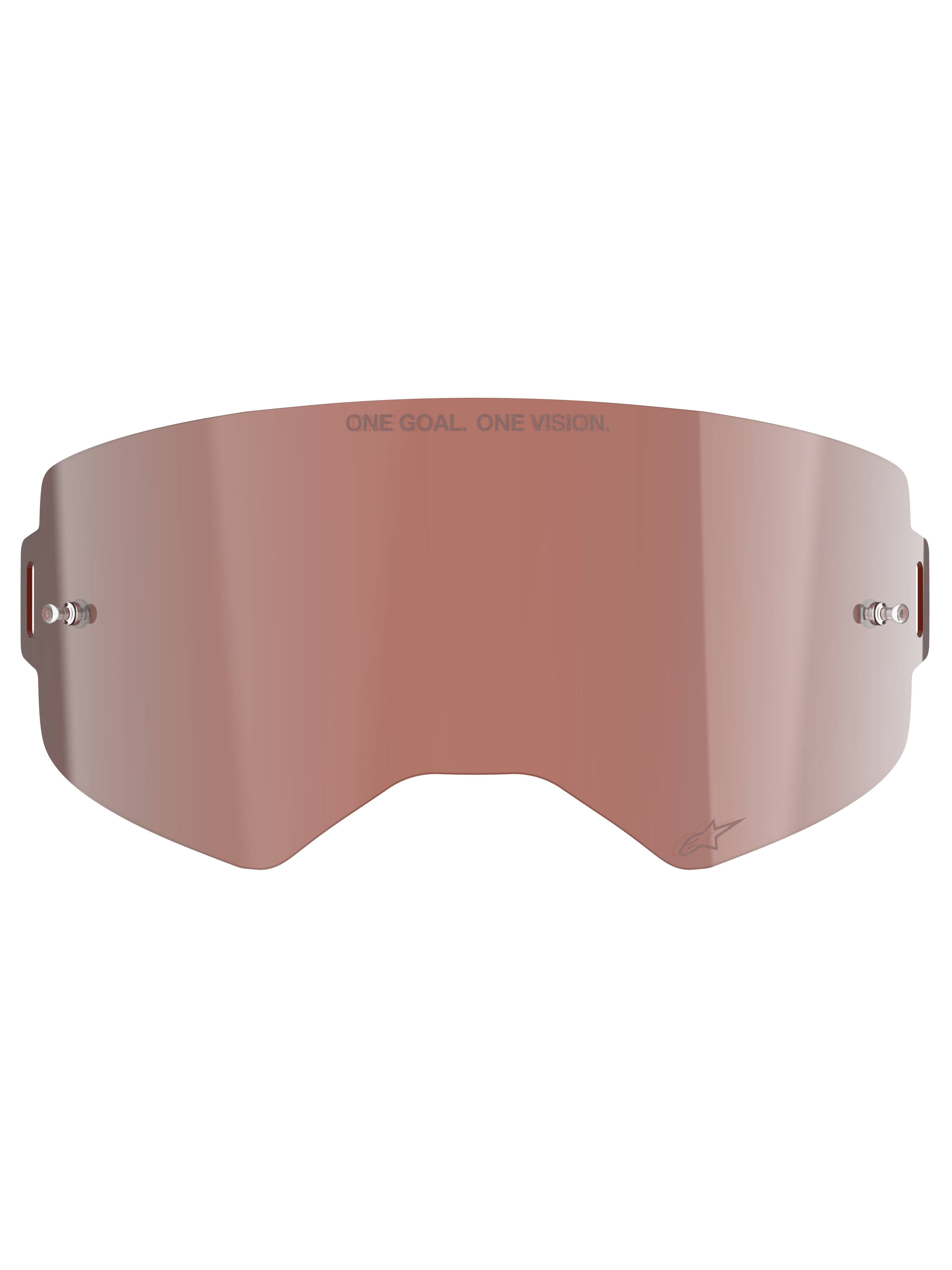 Alpinestars Supertech Mirror Lens, lente di ricambio per maschera da motocross, argento a specchio con tinta Absolute Vision™ rosso-marrone, superficie riflettente con supporti per tear-off integrati, incisione 'ONE GOAL. ONE VISION.' e logo Alpinestars