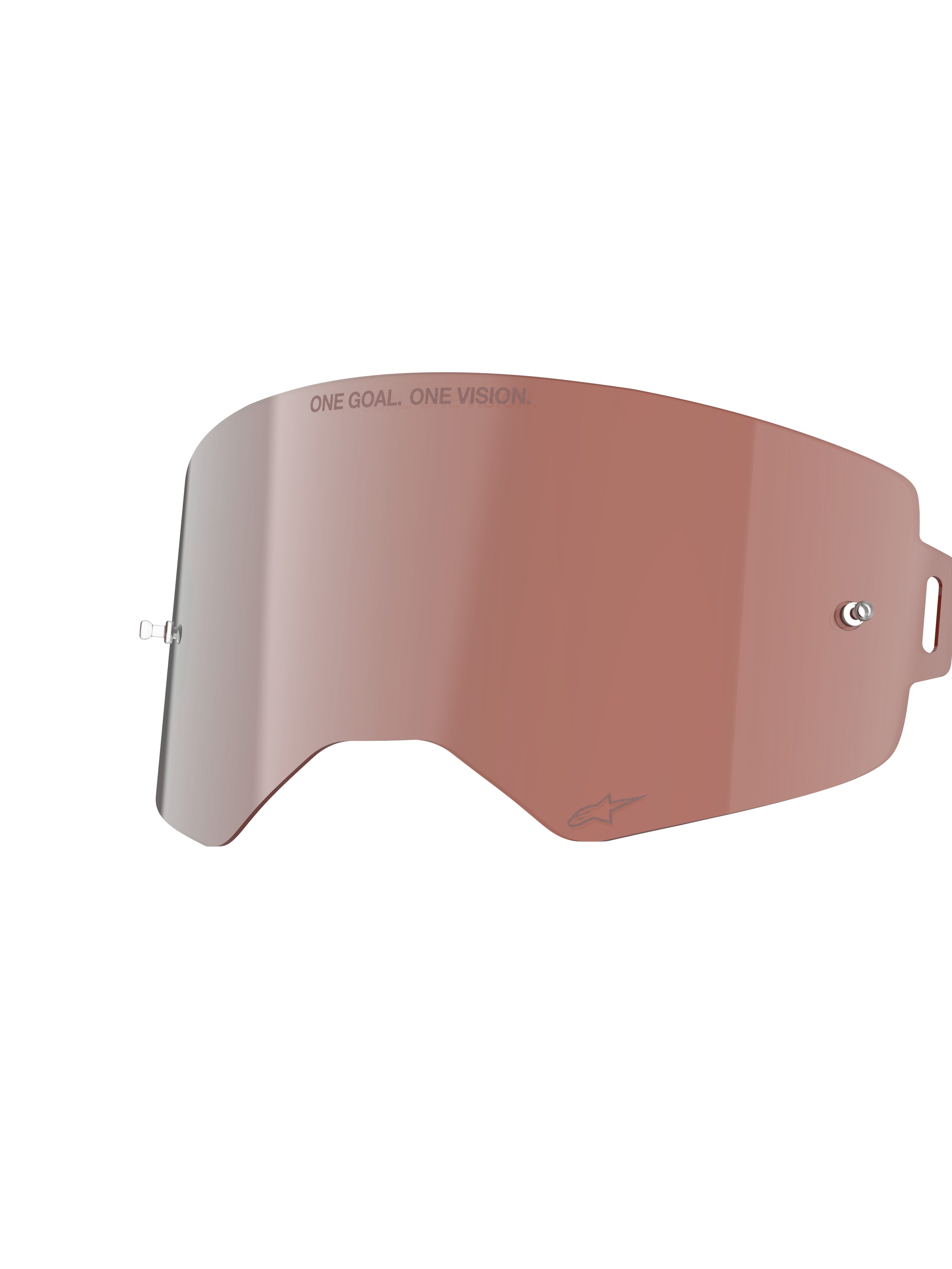 Alpinestars Supertech Mirror Lens, lente di ricambio per maschera, Mirror Silver con tinta calda, con testo 'ONE GOAL. ONE VISION.' e perni per tear-off, robusta struttura in policarbonato per motocross e gare fuoristrada