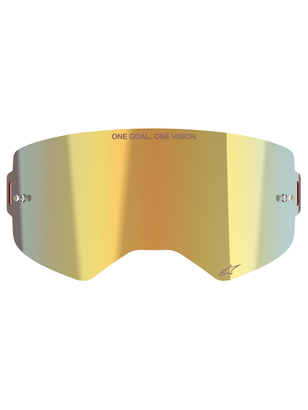 Alpinestars Supertech Mirror Lens, lente di ricambio per occhiali da motocross, finitura Mirror Gold, con scritta 'ONE GOAL. ONE VISION.' e logo Alpinestars, include attacchi laterali per tear-off, policarbonato resistente per corse off-road