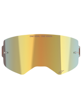 Alpinestars Supertech Mirror Lens, lente di ricambio per occhiali da motocross, finitura Mirror Gold, con scritta 'ONE GOAL. ONE VISION.' e logo Alpinestars, include attacchi laterali per tear-off, policarbonato resistente per corse off-road
