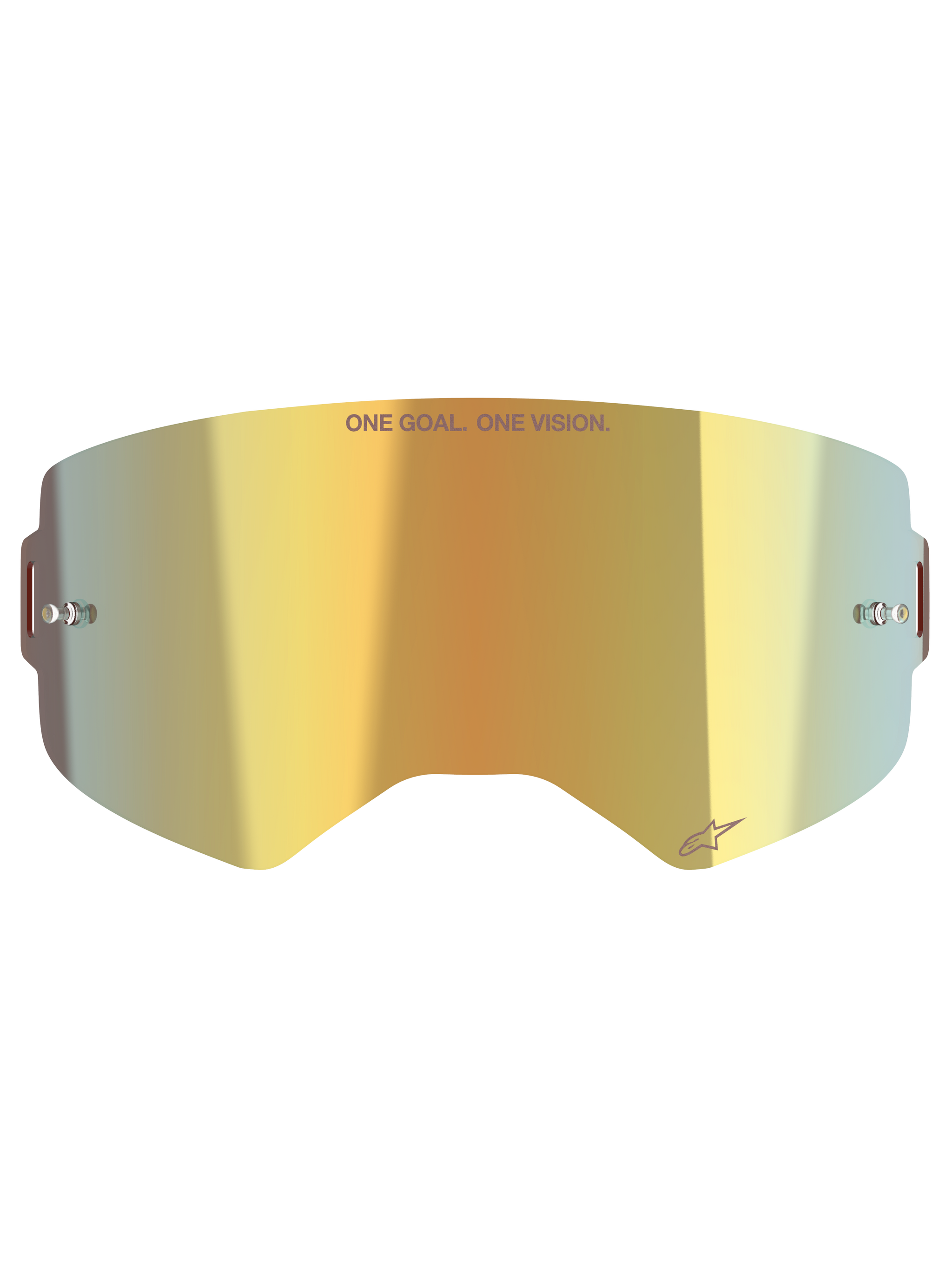 Alpinestars Supertech Mirror Lens, lente di ricambio per occhiali da motocross, finitura Mirror Gold, con scritta 'ONE GOAL. ONE VISION.' e logo Alpinestars, include attacchi laterali per tear-off, policarbonato resistente per corse off-road