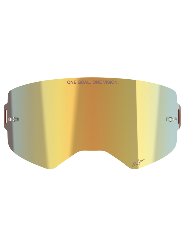 Alpinestars Supertech Mirror Lens, lente di ricambio per occhiali da motocross, finitura Mirror Gold, con scritta 'ONE GOAL. ONE VISION.' e logo Alpinestars, include attacchi laterali per tear-off, policarbonato resistente per corse off-road