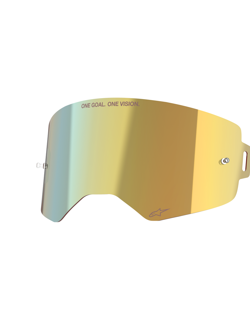Alpinestars Supertech Mirror Lens, Mirror Gold, lente di ricambio specchiata per maschera con perni integrati per tear-off e scritta 'ONE GOAL. ONE VISION.', accessorio da motocross ad alta chiarezza.