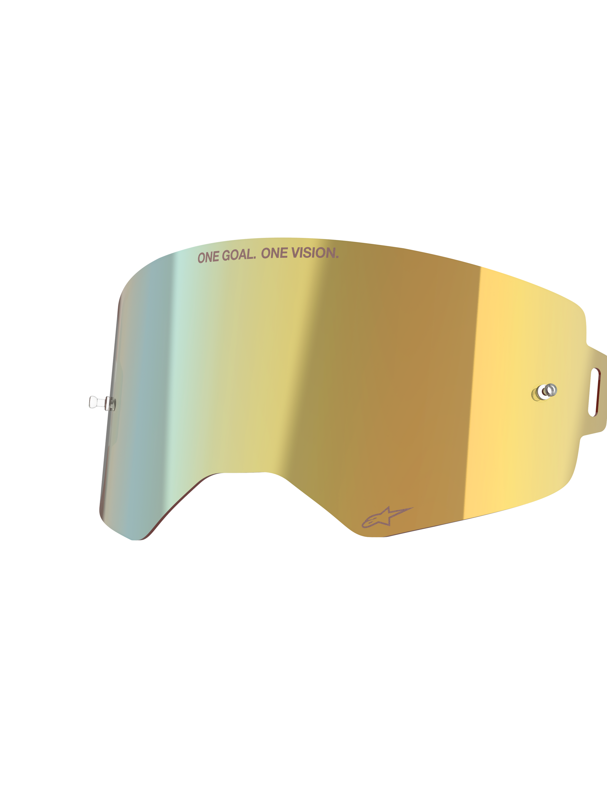 Alpinestars Supertech Mirror Lens, Mirror Gold, lente di ricambio specchiata per maschera con perni integrati per tear-off e scritta 'ONE GOAL. ONE VISION.', accessorio da motocross ad alta chiarezza.