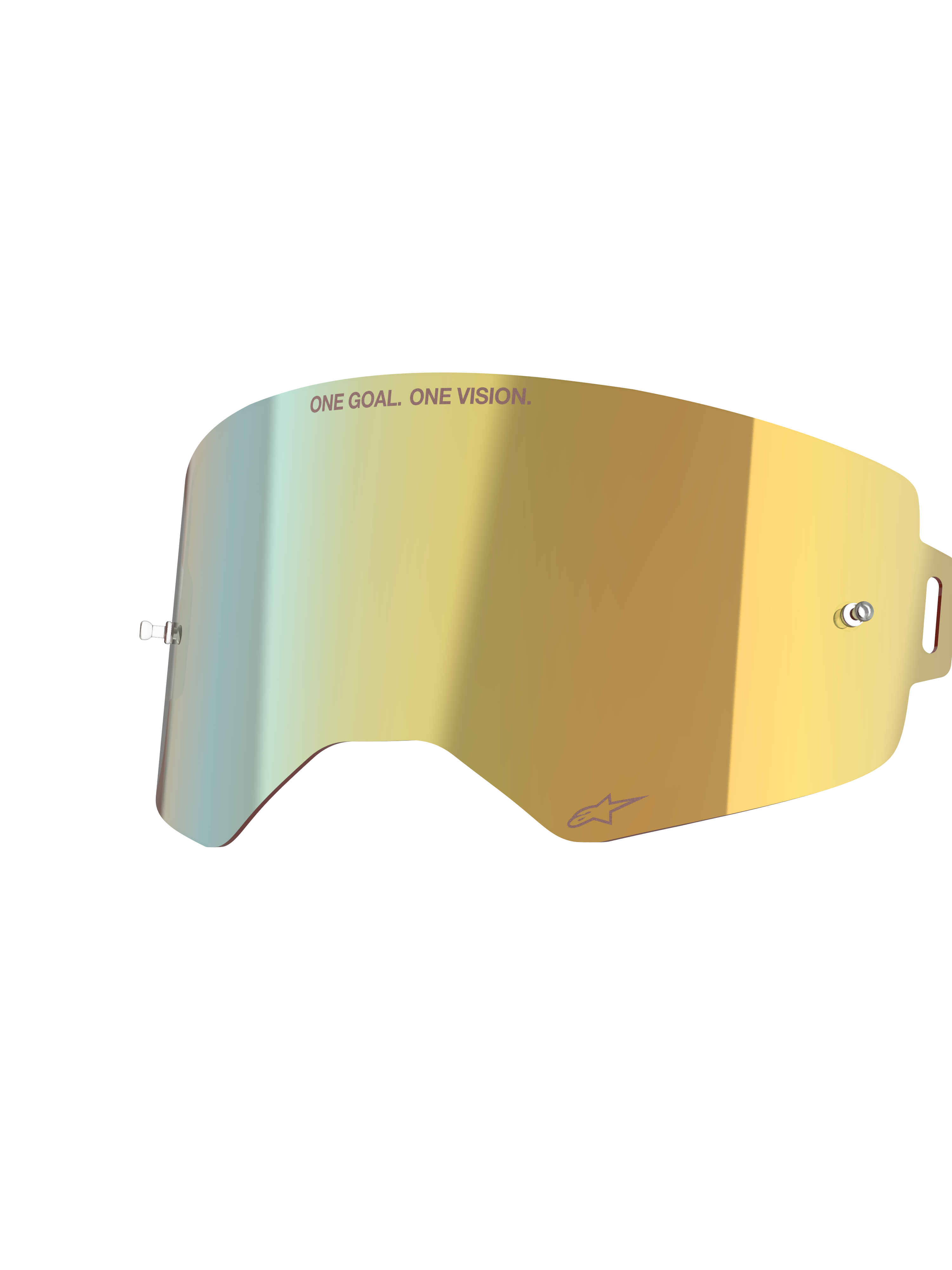Alpinestars Supertech Mirror Lens, Mirror Gold, lente di ricambio specchiata per maschera con perni integrati per tear-off e scritta 'ONE GOAL. ONE VISION.', accessorio da motocross ad alta chiarezza.