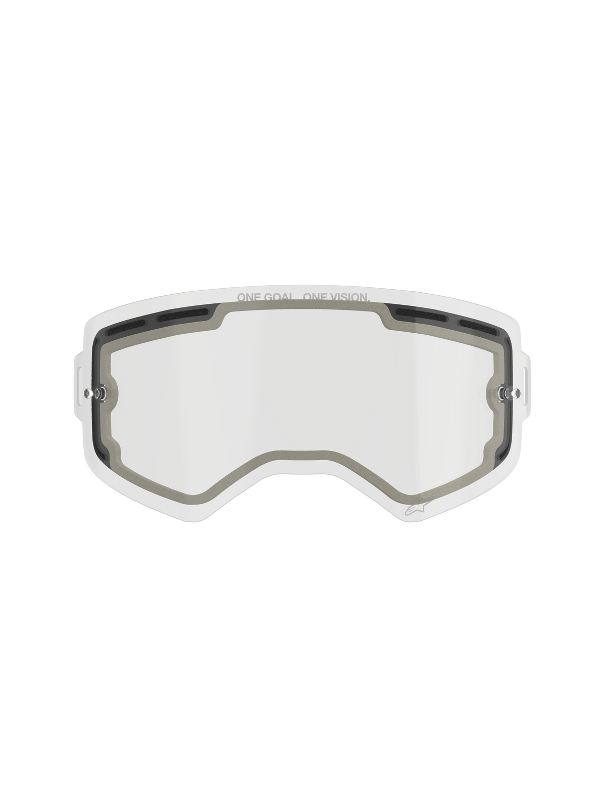 Alpinestars Supertech Double Pane Lens, lente di ricambio trasparente per occhiali da motocross, design ventilato con guarnizioni in schiuma grigia, scritta 'ONE GOAL. ONE VISION.' sul bordo superiore, policarbonato curvo antiappannamento per uso fuoristrada