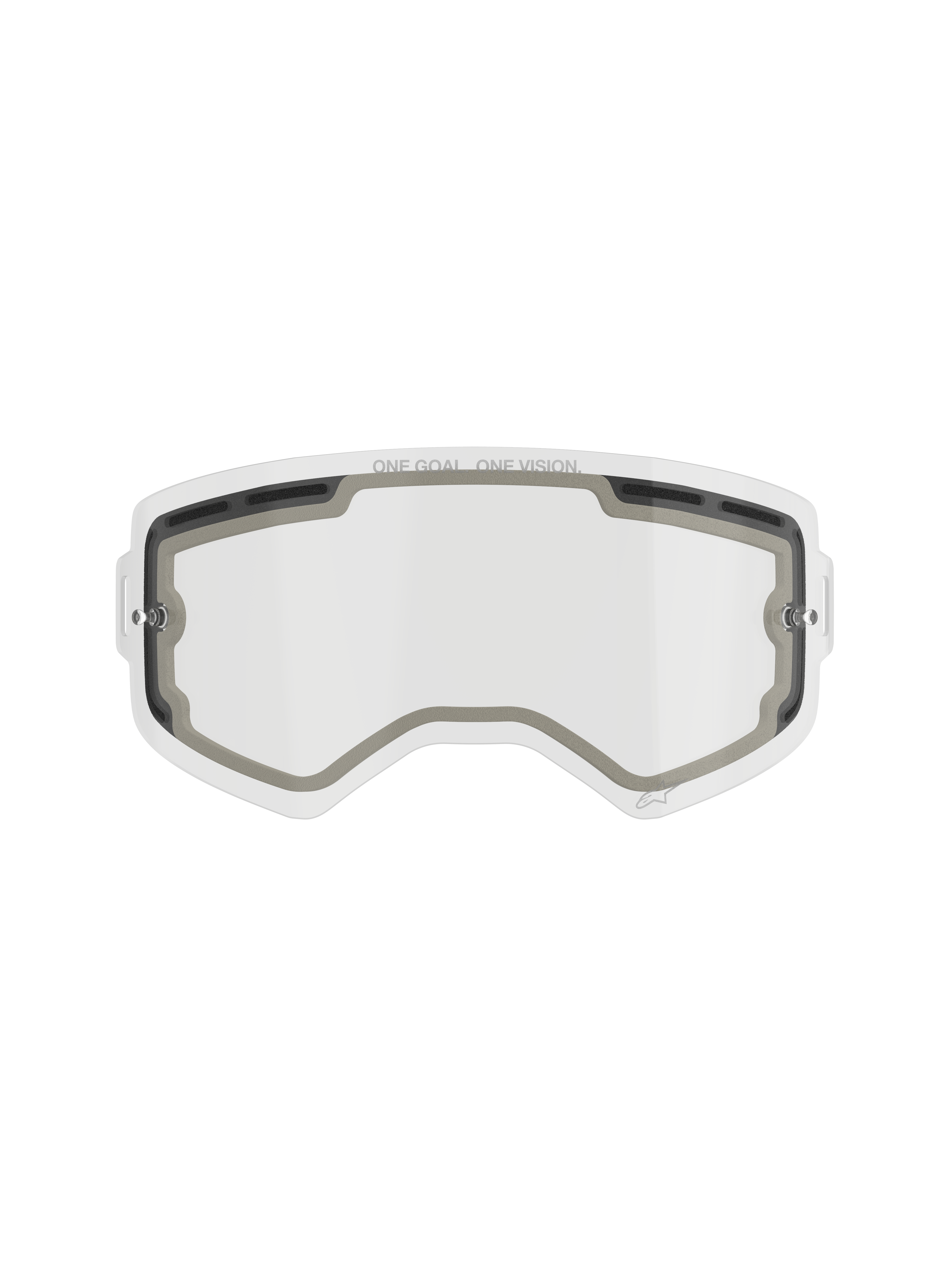 Alpinestars Supertech Double Pane Lens, lente di ricambio trasparente per occhiali da motocross, design ventilato con guarnizioni in schiuma grigia, scritta 'ONE GOAL. ONE VISION.' sul bordo superiore, policarbonato curvo antiappannamento per uso fuoristrada