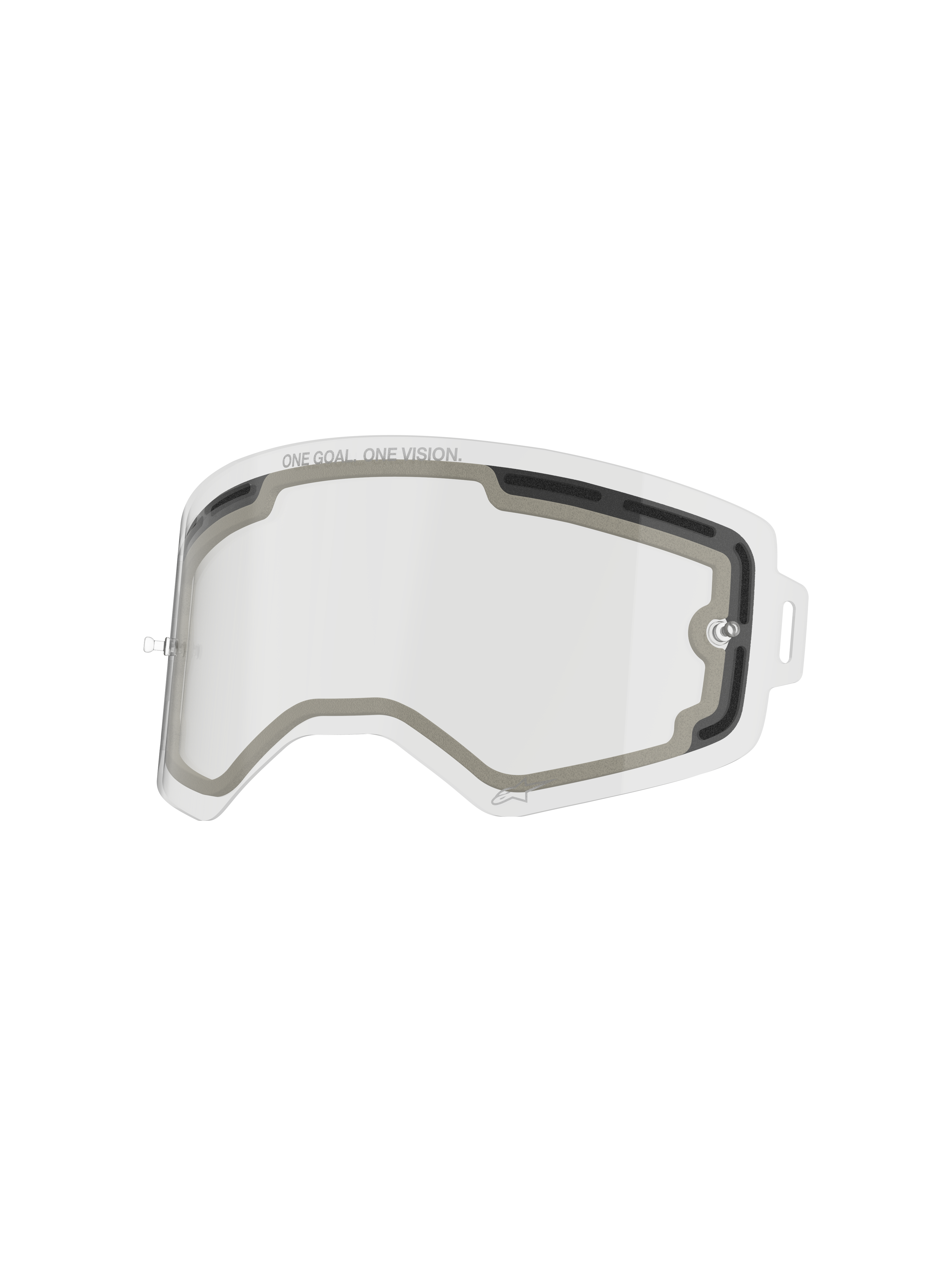 Lente a doppio strato Alpinestars Supertech, lente di ricambio trasparente per occhiali, design ventilato con guarnizione in schiuma grigia, con scritta "ONE GOAL. ONE VISION.", policarbonato resistente agli urti per prestazioni da motocross