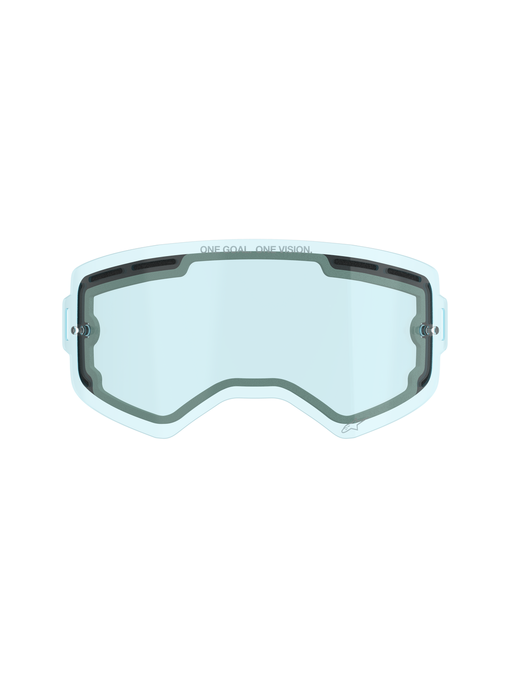 Alpinestars Supertech Dual Pane Vented Lens, lente di ricambio per occhiali da motocross, tinta blu, costruzione in policarbonato a doppio strato, guarnizione in schiuma nera, fori di ventilazione superiori e laterali, branding 'ONE GOAL. ONE VISION.', prestazioni antiappannamento per gare off-road