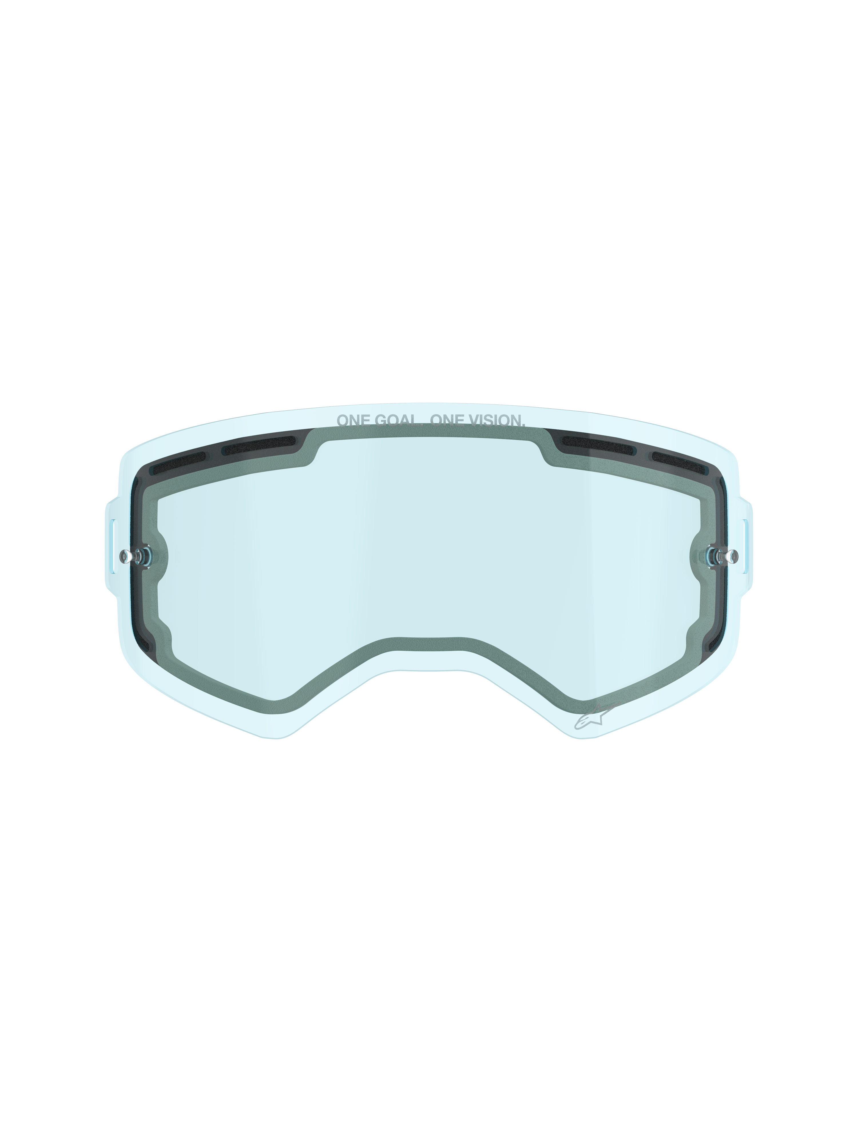 Alpinestars Supertech Dual Pane Vented Lens, lente di ricambio per occhiali da motocross, tinta blu, costruzione in policarbonato a doppio strato, guarnizione in schiuma nera, fori di ventilazione superiori e laterali, branding 'ONE GOAL. ONE VISION.', prestazioni antiappannamento per gare off-road