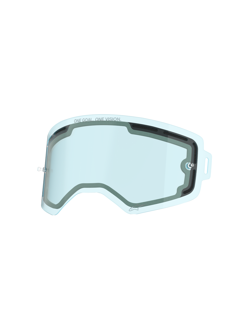 Lente Alpinestars Supertech, lente per occhiali ventilata a doppio strato con tinta blu, con scritta 'ONE GOAL. ONE VISION.', lente di ricambio in policarbonato resistente agli urti per la protezione nel motocross e nel fuoristrada