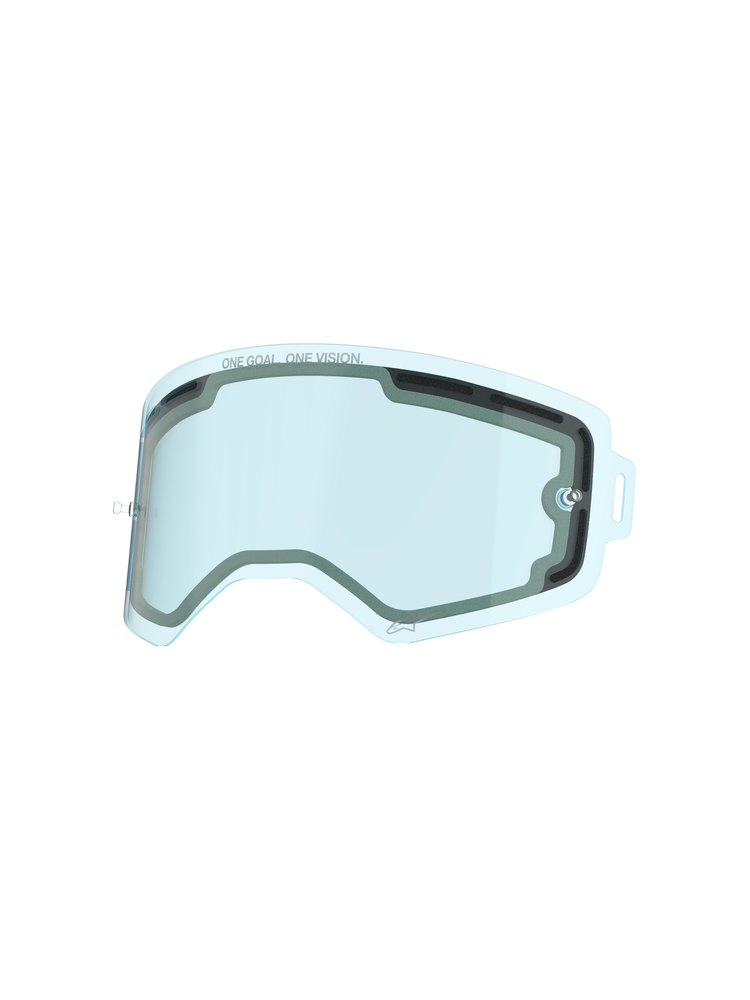 Lente Alpinestars Supertech, lente per occhiali ventilata a doppio strato con tinta blu, con scritta 'ONE GOAL. ONE VISION.', lente di ricambio in policarbonato resistente agli urti per la protezione nel motocross e nel fuoristrada