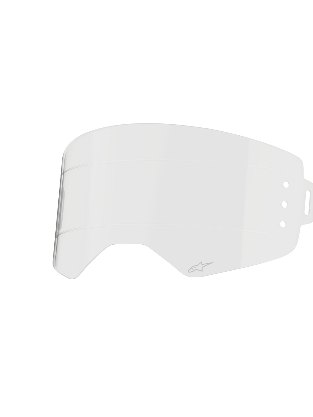 Alpinestars Supertech Roll Off Lens, accessorio per occhiali trasparente, in policarbonato stampato a iniezione con linee di scorrimento orizzontali, presenta un piccolo logo Alpinestars, ricambio ufficiale per occhiali Supertech Wide Vision