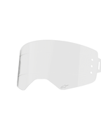 Alpinestars Supertech Roll Off Lens, accessorio per occhiali trasparente, in policarbonato stampato a iniezione con linee di scorrimento orizzontali, presenta un piccolo logo Alpinestars, ricambio ufficiale per occhiali Supertech Wide Vision