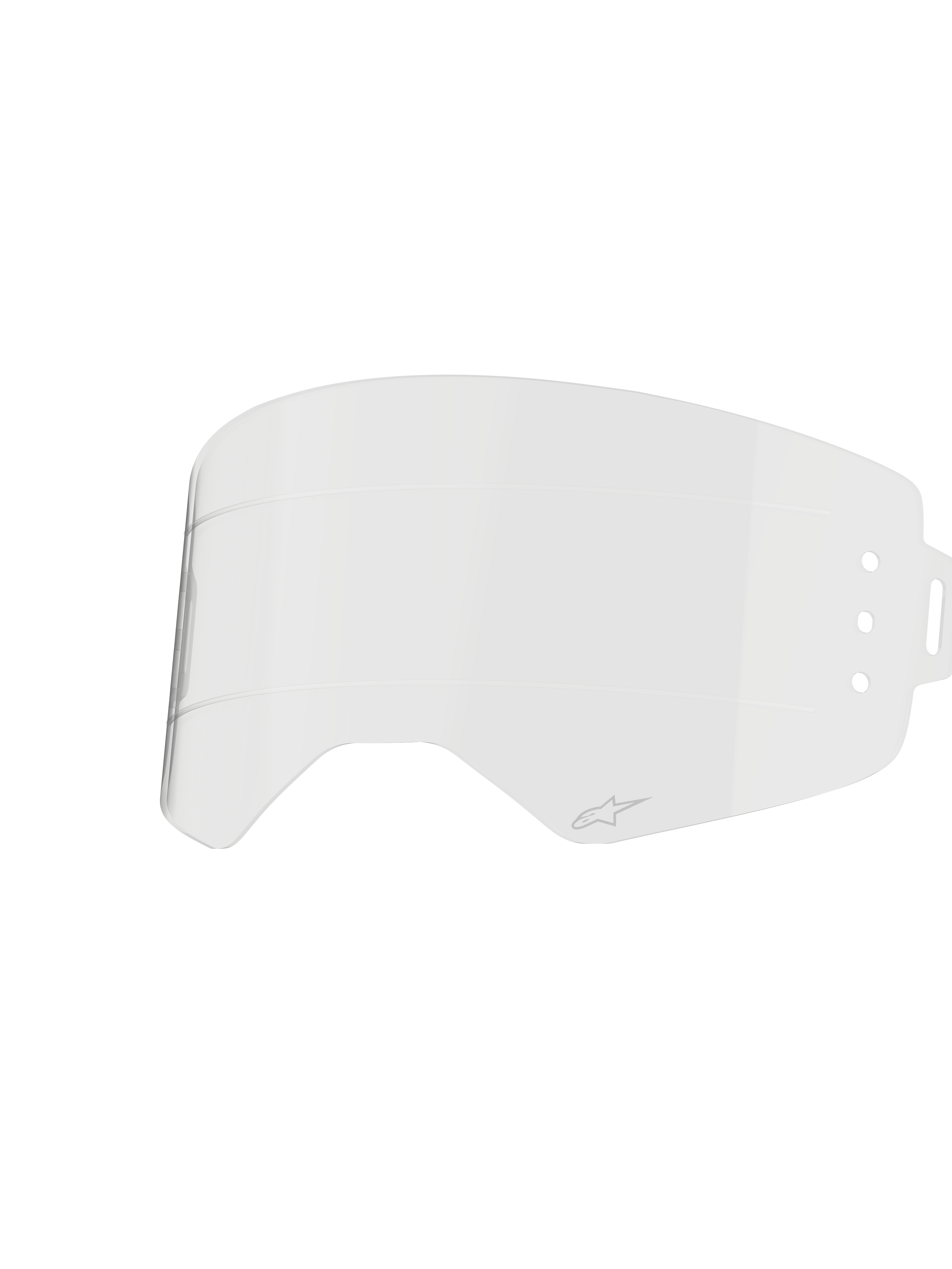 Alpinestars Supertech Roll Off Lens, accessorio per occhiali trasparente, in policarbonato stampato a iniezione con linee di scorrimento orizzontali, presenta un piccolo logo Alpinestars, ricambio ufficiale per occhiali Supertech Wide Vision