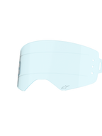 Lente Alpinestars Supertech Wide Vision Roll-Off, tinta Clear Blue, costruzione in policarbonato stampato a iniezione, con linee di scorrimento in silicone orizzontali e logo A-star, lente di ricambio per occhiali da motocross progettata per la visibilità off-road