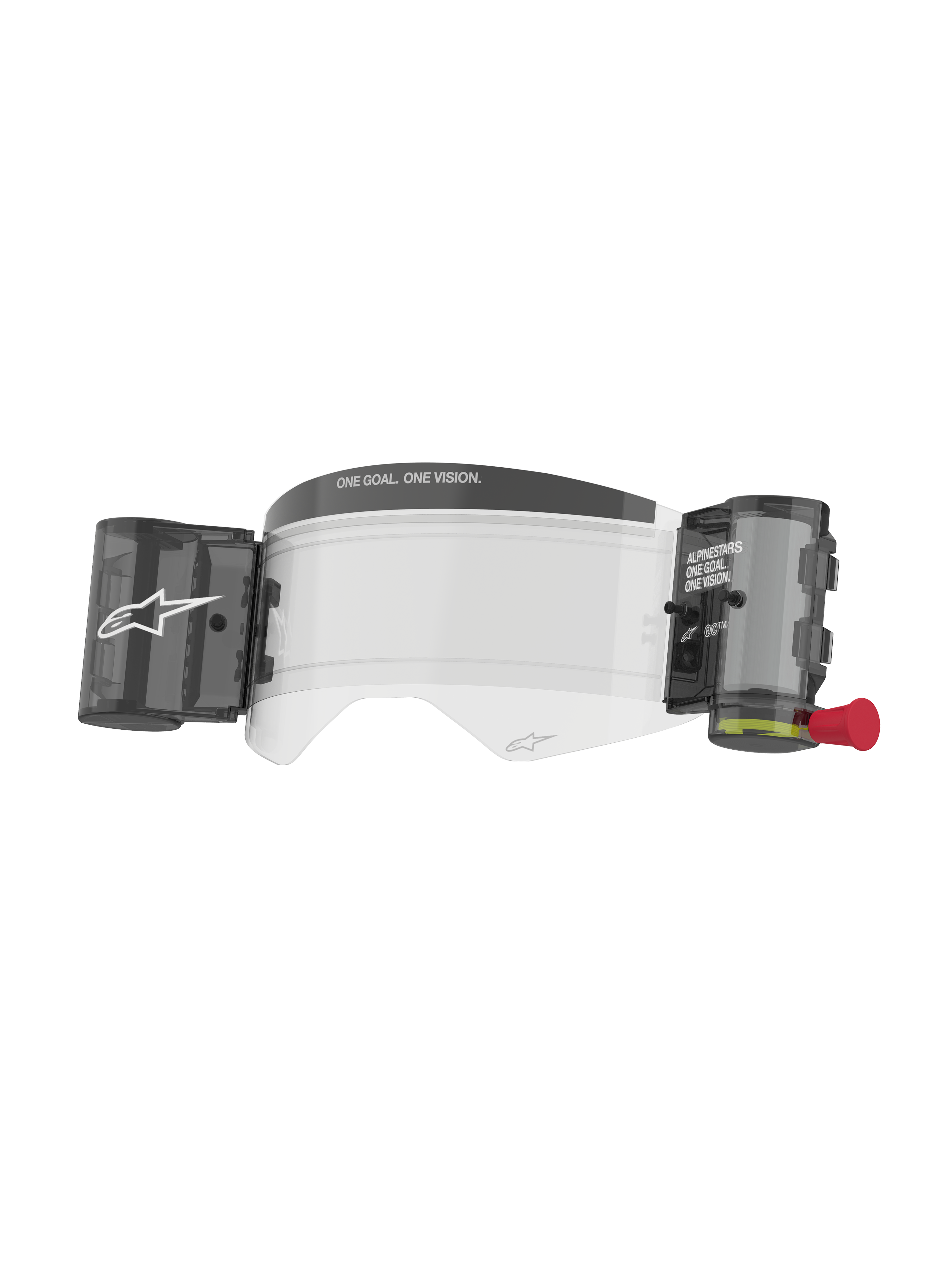 Alpinestars Supertech Roll Off Kit Wide Vision, accessorio per maschere da motocross, lente trasparente anti-appannamento con sistema roll-off integrato, contenitori neri e linguetta rossa, con marchio ONE GOAL ONE VISION, policarbonato ad alta resistenza per gare off-road