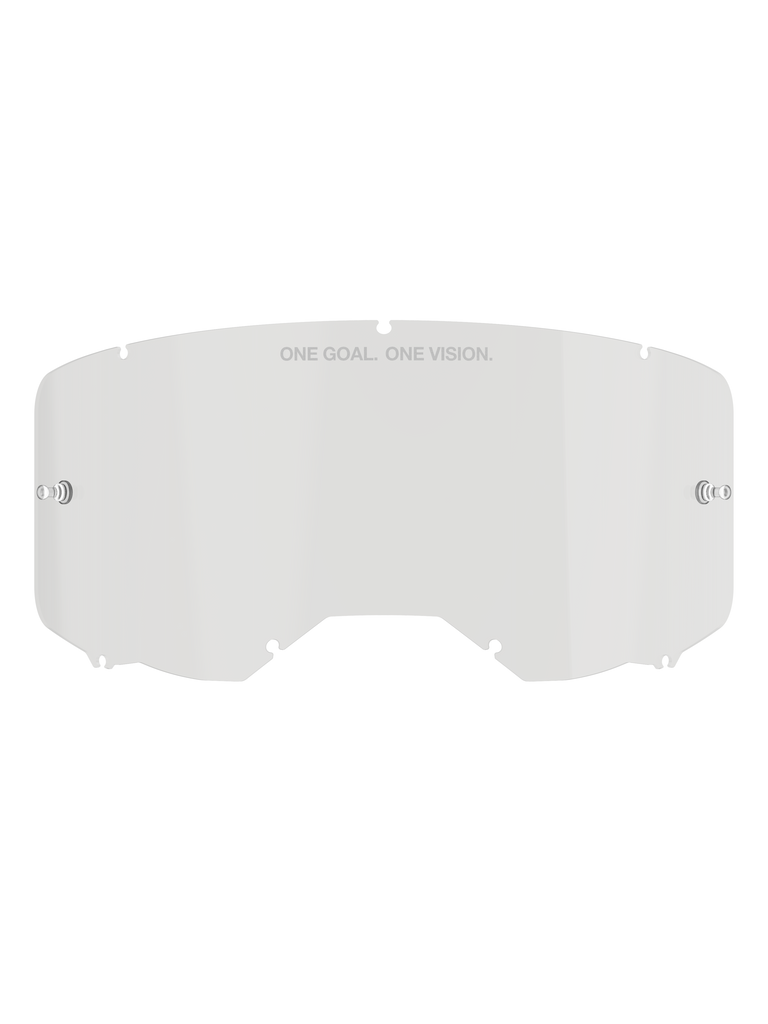 Alpinestars Vision 8-5-3 Lens, lente di ricambio trasparente per occhiali, costruzione in policarbonato con perni per tear-off integrati e sistema di bloccaggio a sette punti, caratterizzata dalla scritta 'ONE GOAL. ONE VISION.', protezione per motocross e guida fuoristrada
