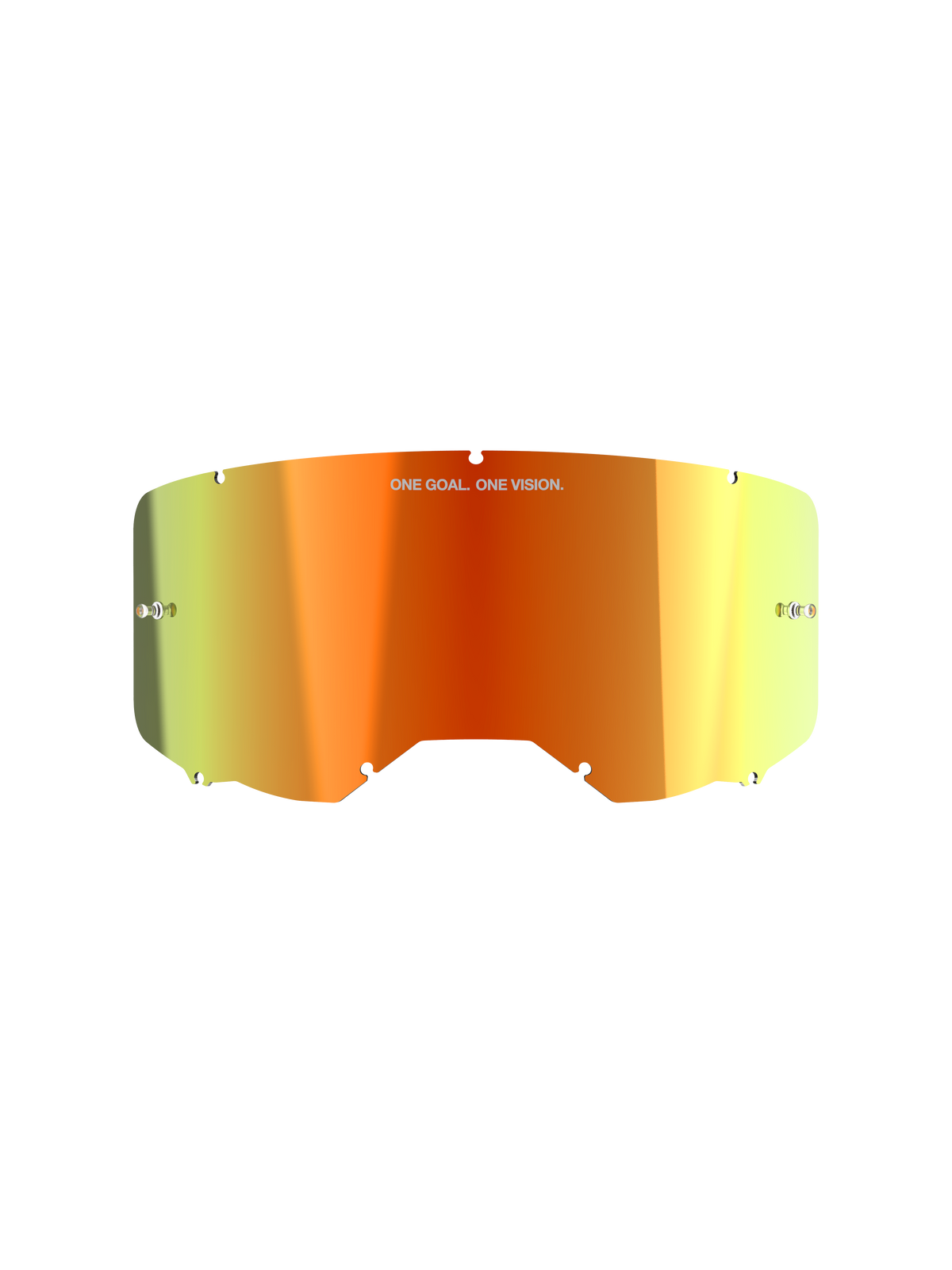 Alpinestars Vision 8-5-3 Mirror Lens, accessorio per maschera da motocross, finitura Mirror Red con sfumatura arancione e gialla, con scritta 'ONE GOAL. ONE VISION.', perni per tear-off integrati e bordi intagliati per un montaggio sicuro sulla montatura.