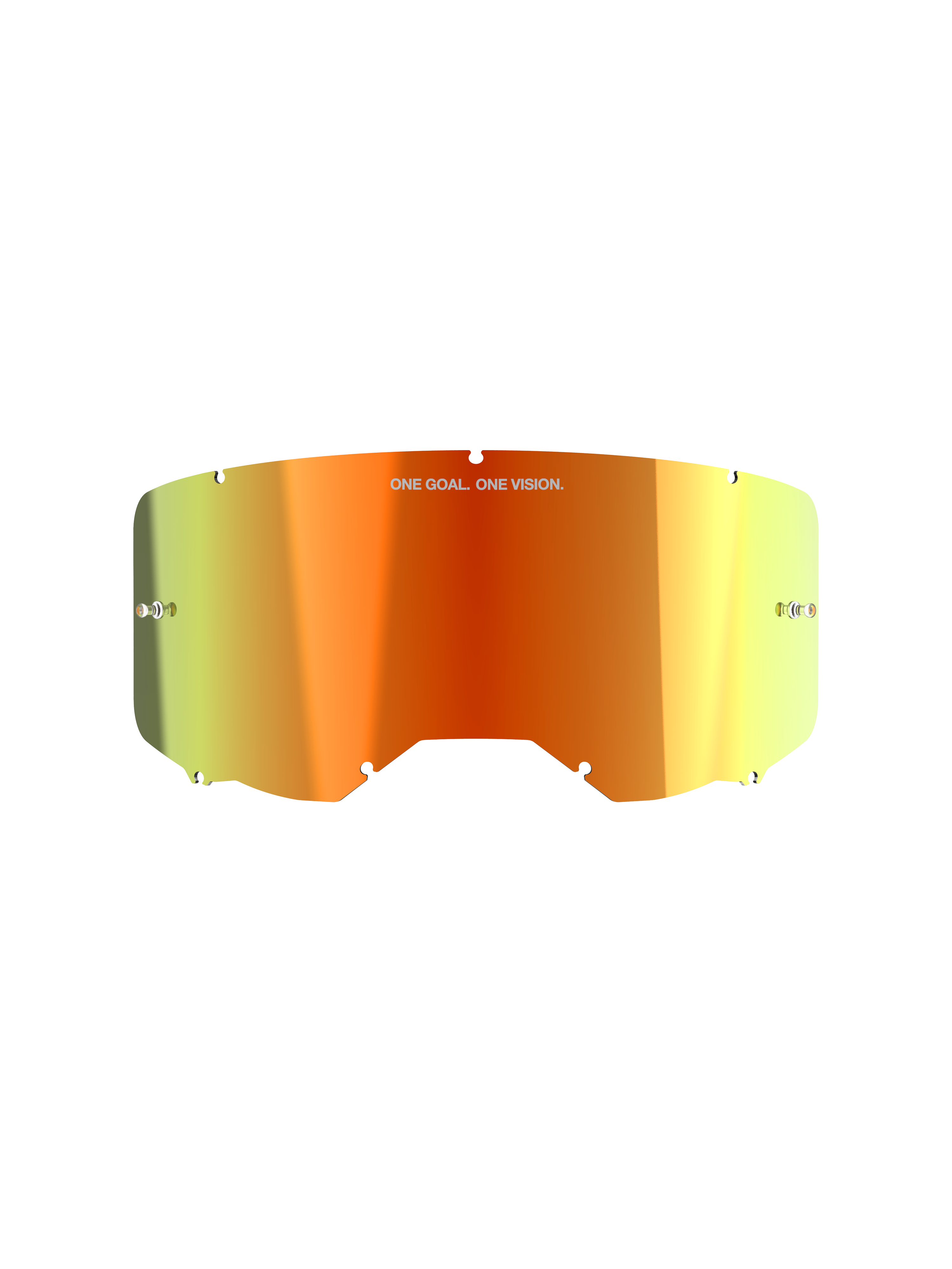 Alpinestars Vision 8-5-3 Mirror Lens, accessorio per maschera da motocross, finitura Mirror Red con sfumatura arancione e gialla, con scritta 'ONE GOAL. ONE VISION.', perni per tear-off integrati e bordi intagliati per un montaggio sicuro sulla montatura.