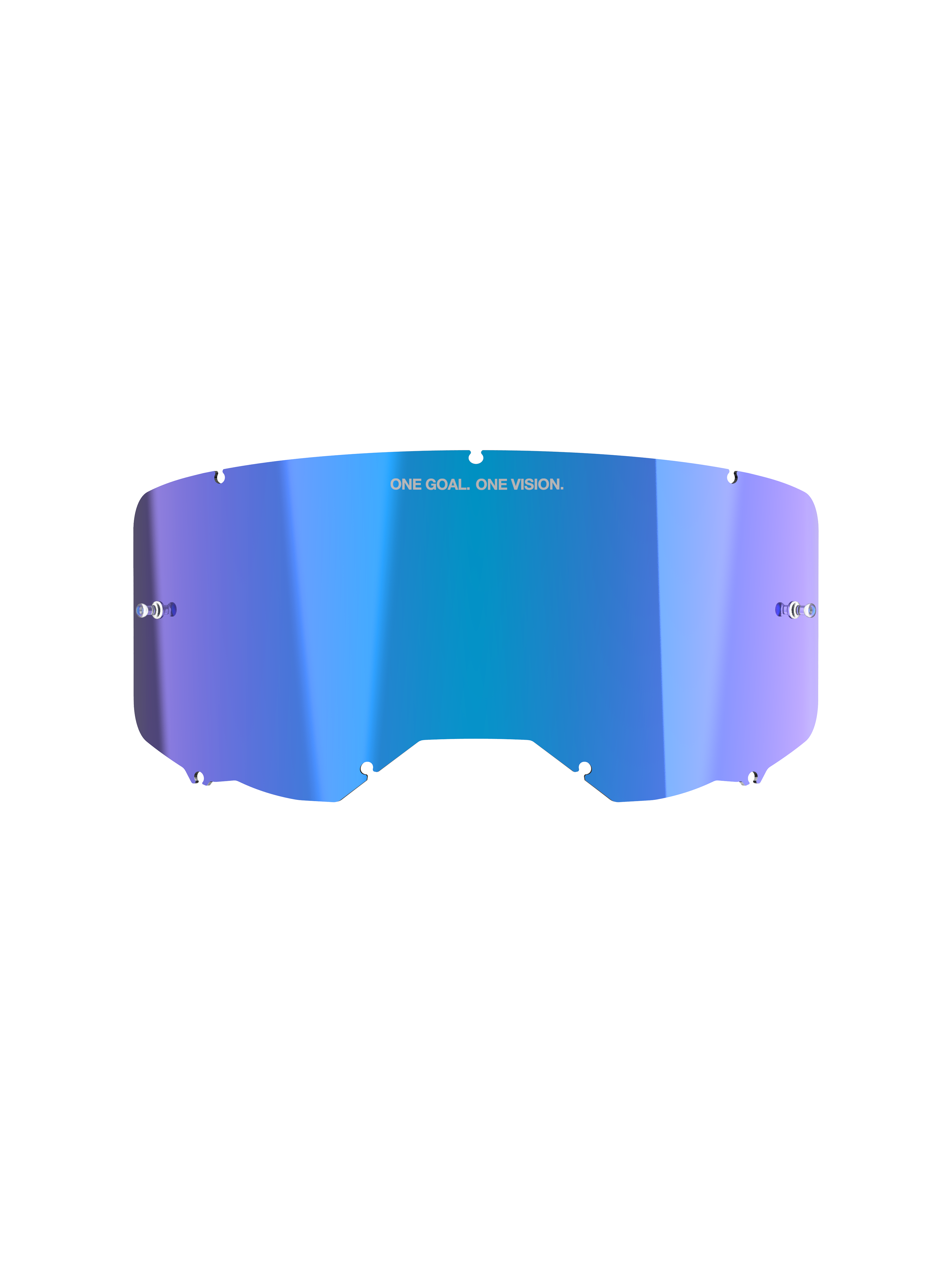 Alpinestars Vision 8-5-3 Mirror Lens, accessorio per maschera da motocross, blu specchiato con sfumatura viola, finitura specchiata riflettente, con branding 'ONE GOAL. ONE VISION.', design curvo in policarbonato con incavi di fissaggio e perni per tear-off per maschere da motocross