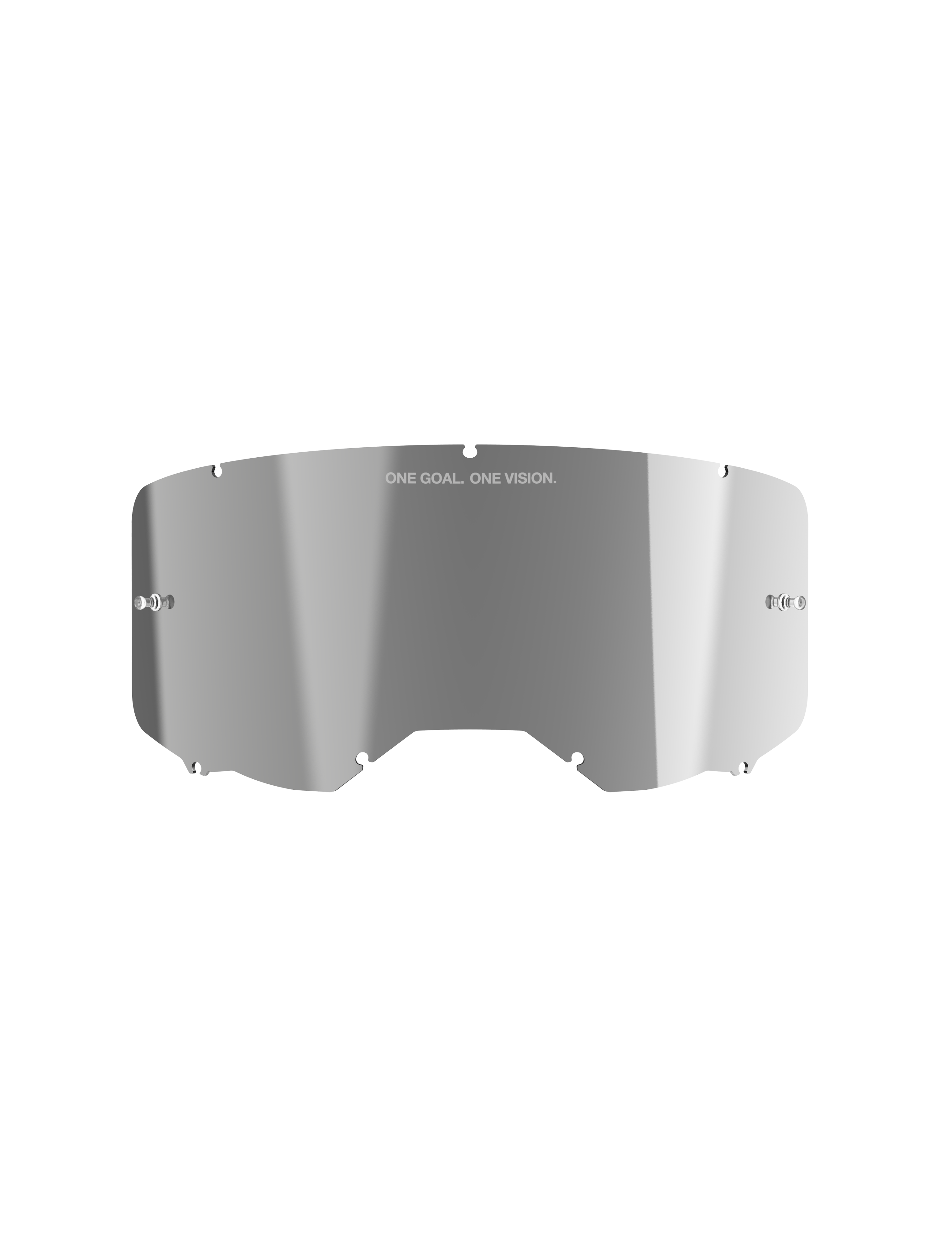 Alpinestars Vision 8-5-3 Mirror Lens, finitura riflettente Mirror Silver, costruzione in policarbonato curvo con branding 'ONE GOAL. ONE VISION.', supporti tear-off integrati, lente di ricambio per maschere da motocross