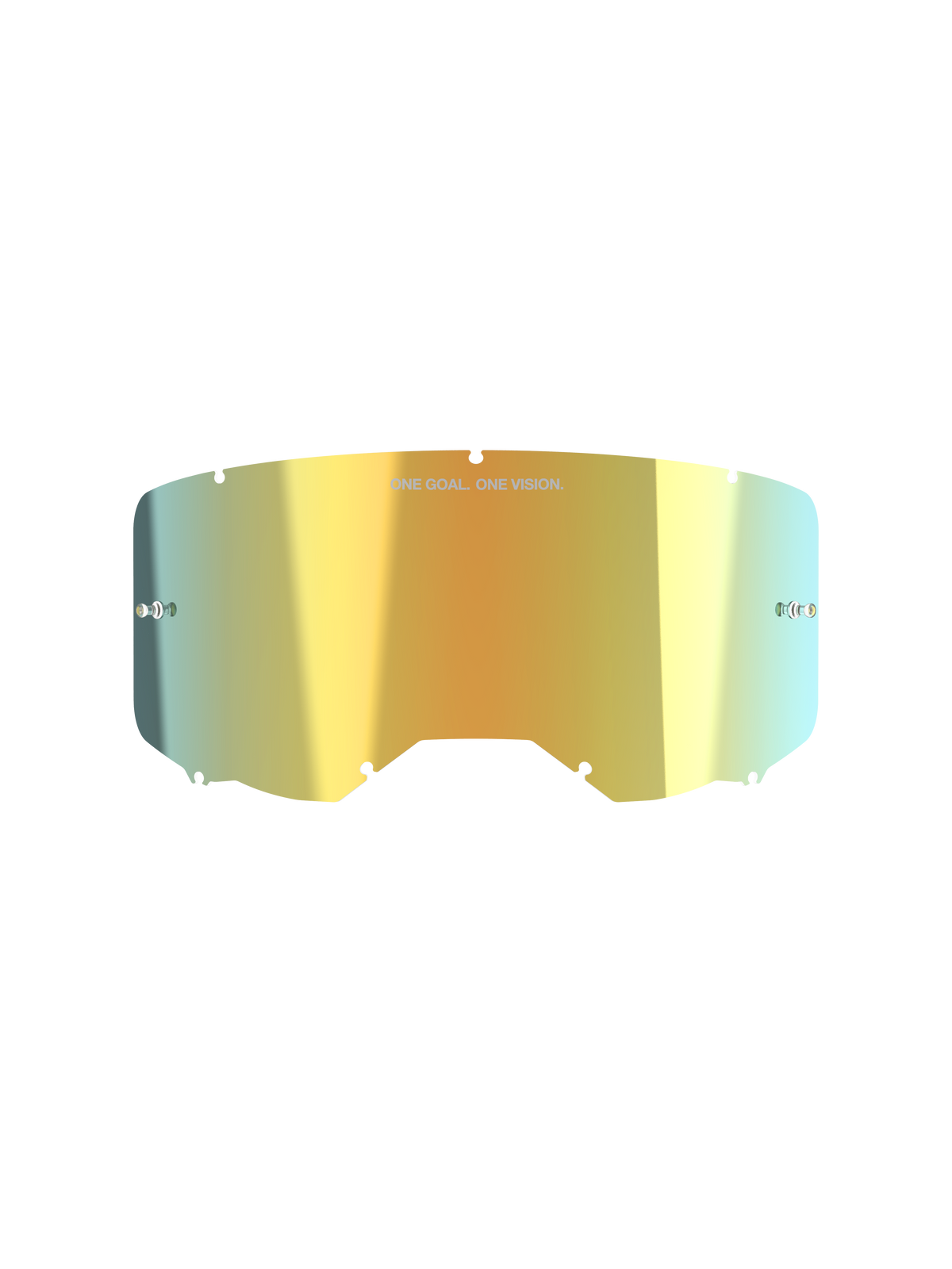 Alpinestars Vision 8-5-3 Mirror Lens, accessorio per occhiali da motocross, Mirror Gold, finitura metallica riflettente con scritta "ONE GOAL. ONE VISION.", supporti tear-off integrati, sistema di bloccaggio a sette fori, policarbonato ad alta chiarezza per gare fuoristrada