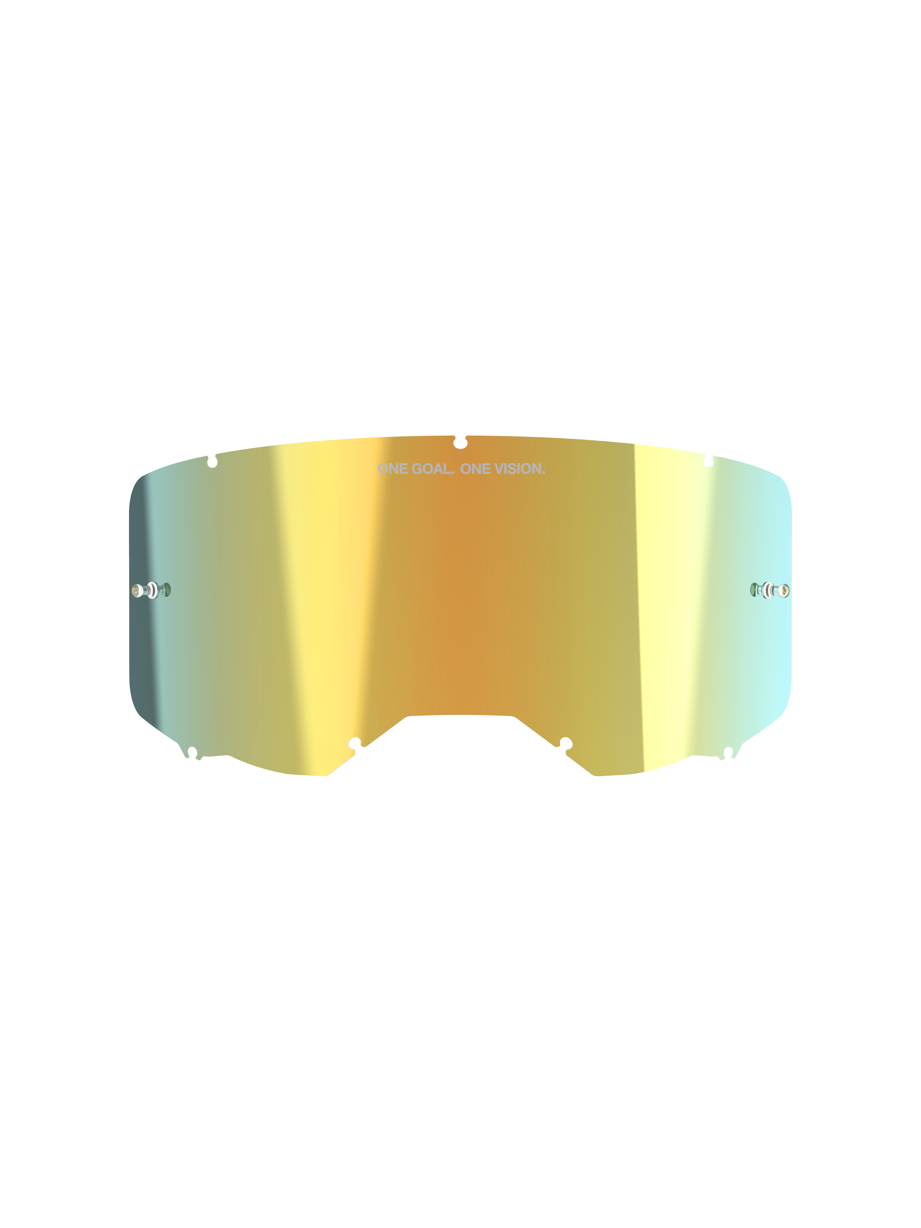 Alpinestars Vision 8-5-3 Mirror Lens, accessorio per occhiali da motocross, Mirror Gold, finitura metallica riflettente con scritta "ONE GOAL. ONE VISION.", supporti tear-off integrati, sistema di bloccaggio a sette fori, policarbonato ad alta chiarezza per gare fuoristrada