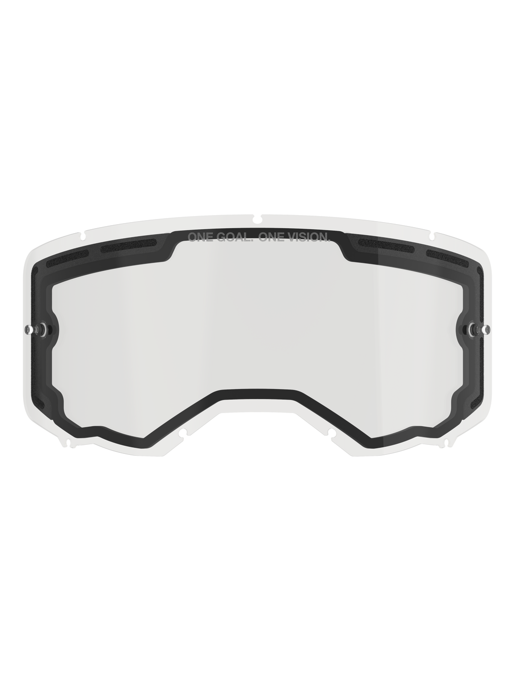 Alpinestars Vision 8-5-3 Dual Pane Lens, lente di ricambio trasparente per occhiali da motocross, con guarnizione interna nera e fori di ventilazione superiori, perni laterali per tear-off, marchio "ONE GOAL ONE VISION" sul bordo superiore, accessorio per corse fuoristrada