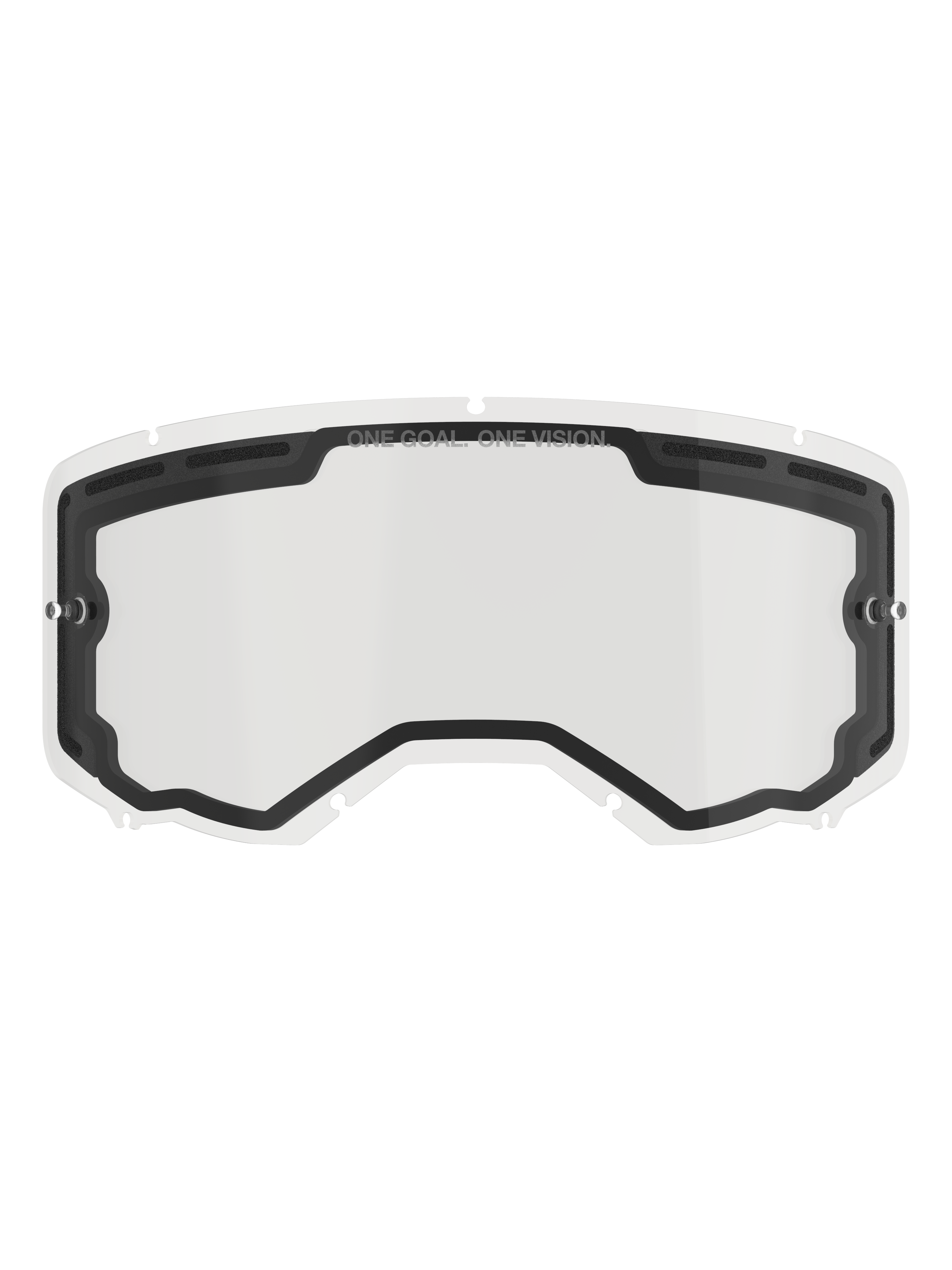 Alpinestars Vision 8-5-3 Dual Pane Lens, lente di ricambio trasparente per occhiali da motocross, con guarnizione interna nera e fori di ventilazione superiori, perni laterali per tear-off, marchio "ONE GOAL ONE VISION" sul bordo superiore, accessorio per corse fuoristrada